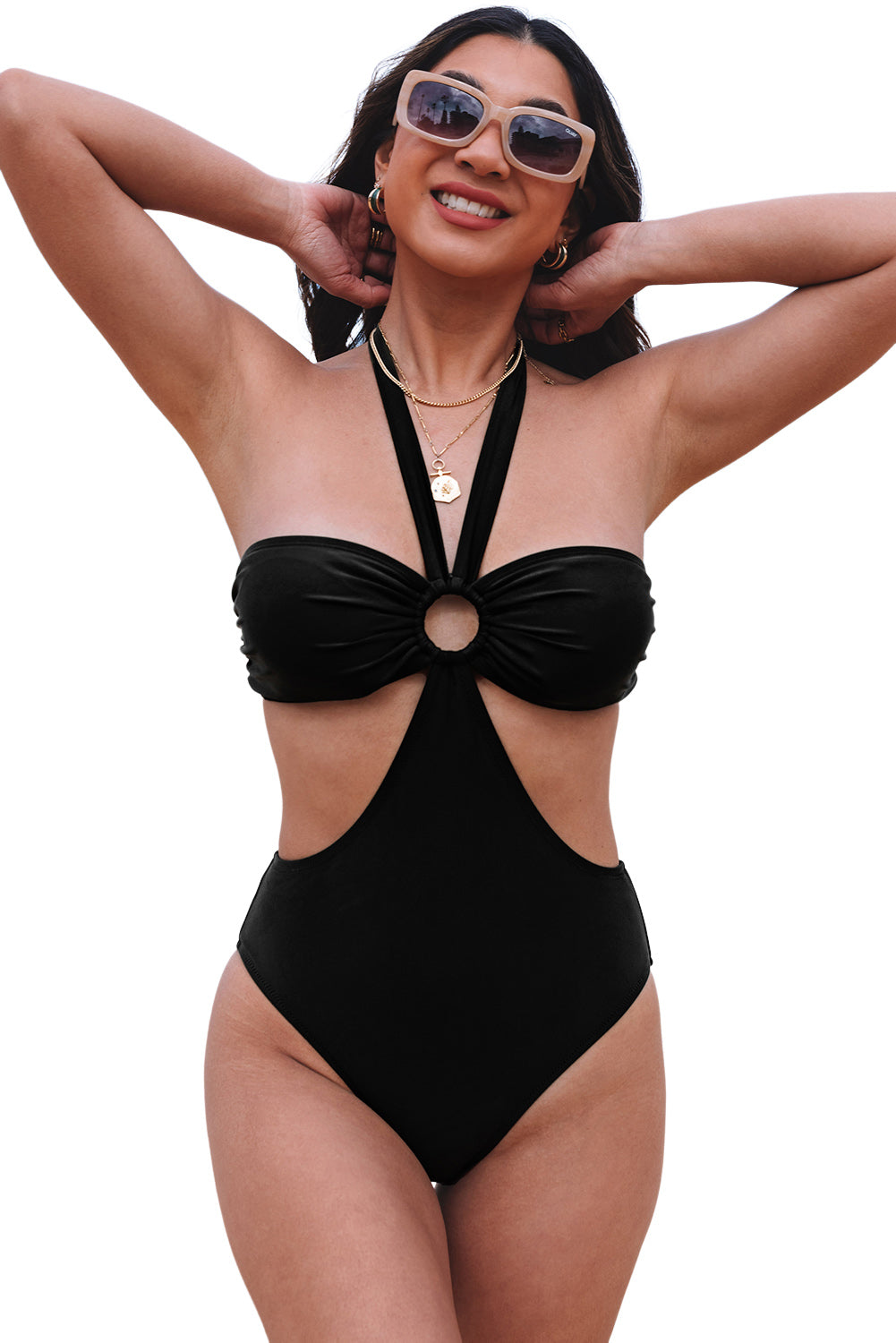 Black Halter O-ring Ruched Bust One Piece Swimsuit Blue Zone Planet