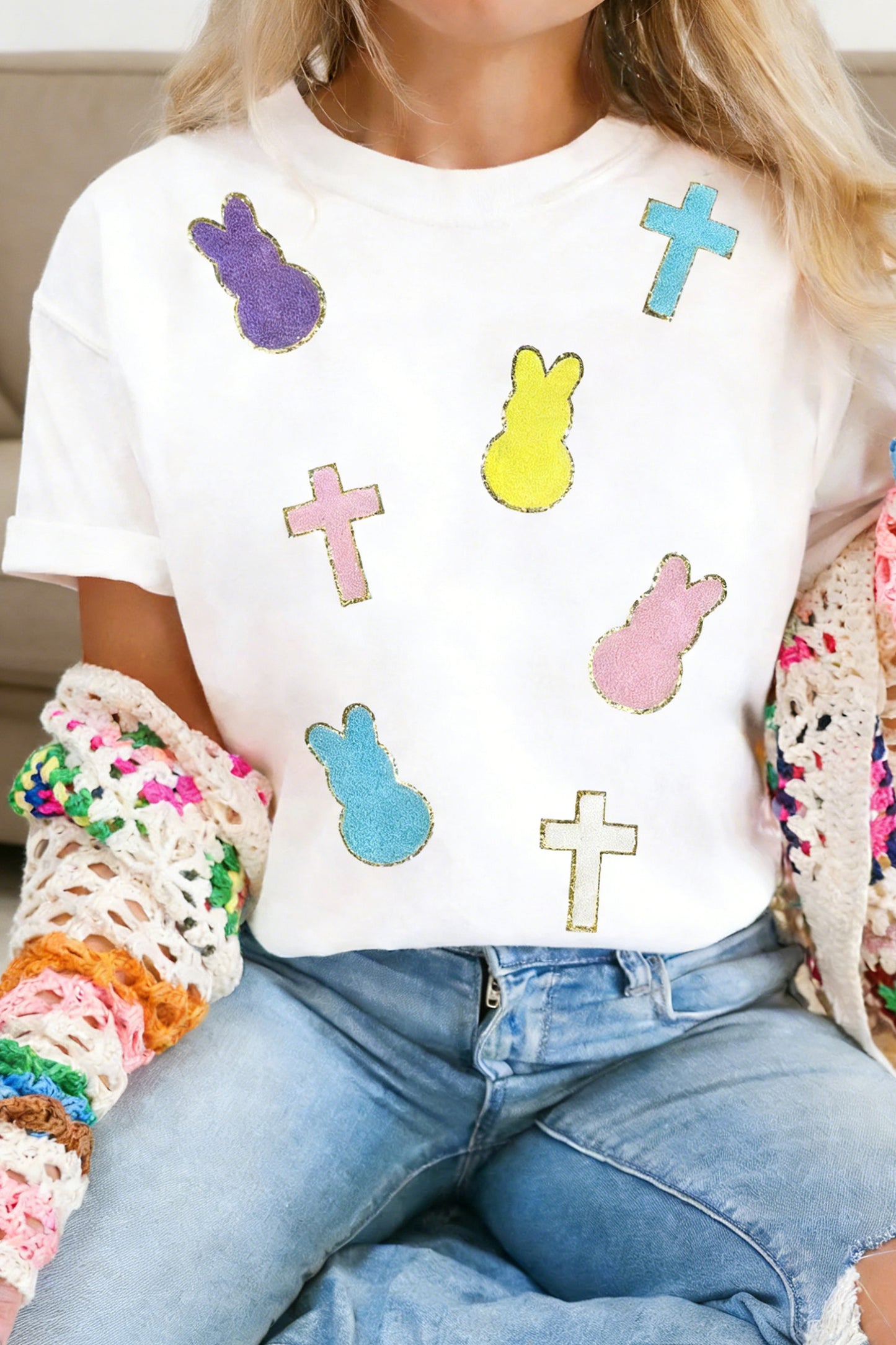 White Chenille Bunny Cross Patch Easter T Shirt-Graphic/Graphic Tees-[Adult]-[Female]-White-S-2022 Online Blue Zone Planet