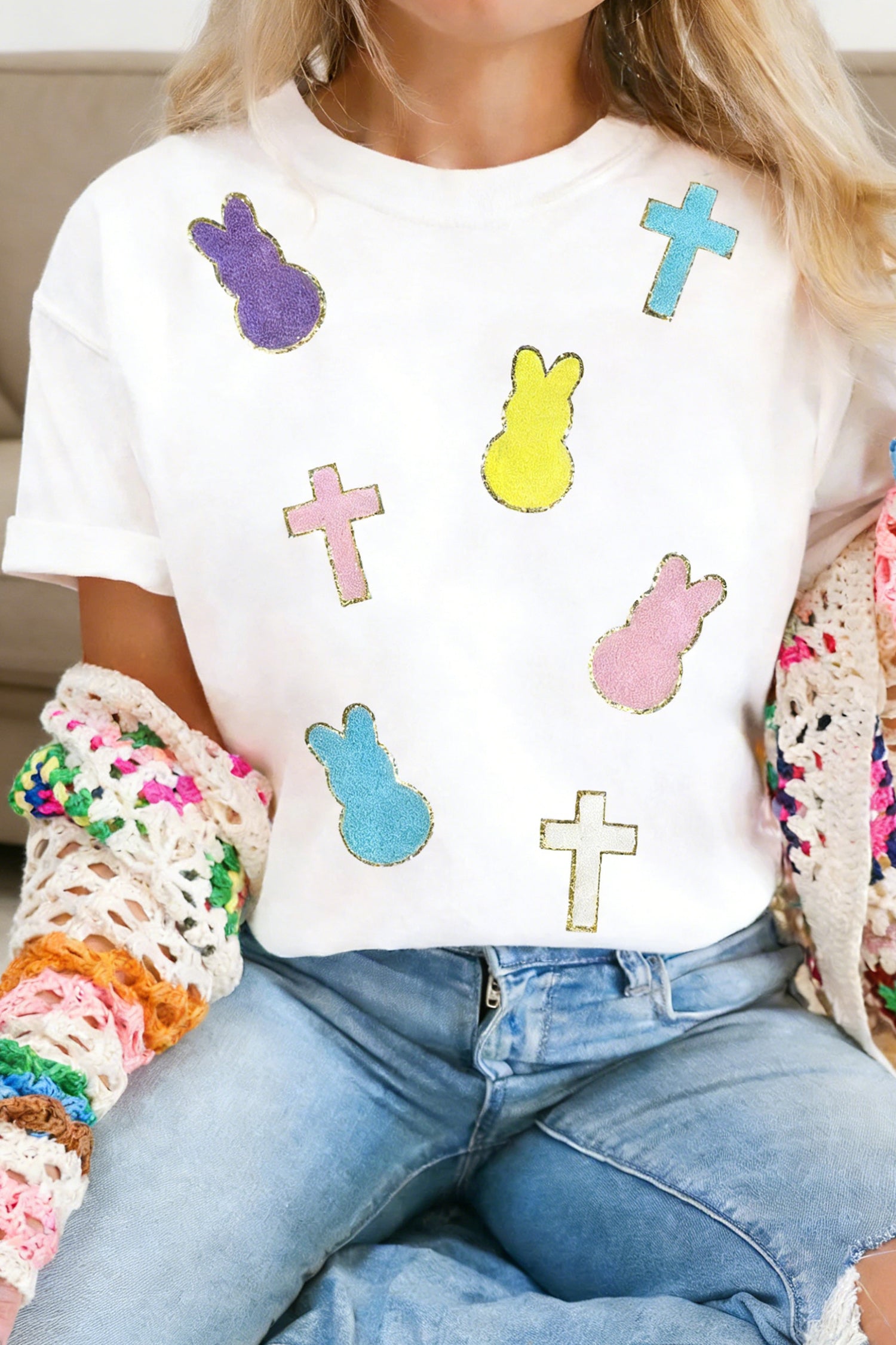 White Chenille Bunny Cross Patch Easter T Shirt-Graphic/Graphic Tees-[Adult]-[Female]-White-S-2022 Online Blue Zone Planet
