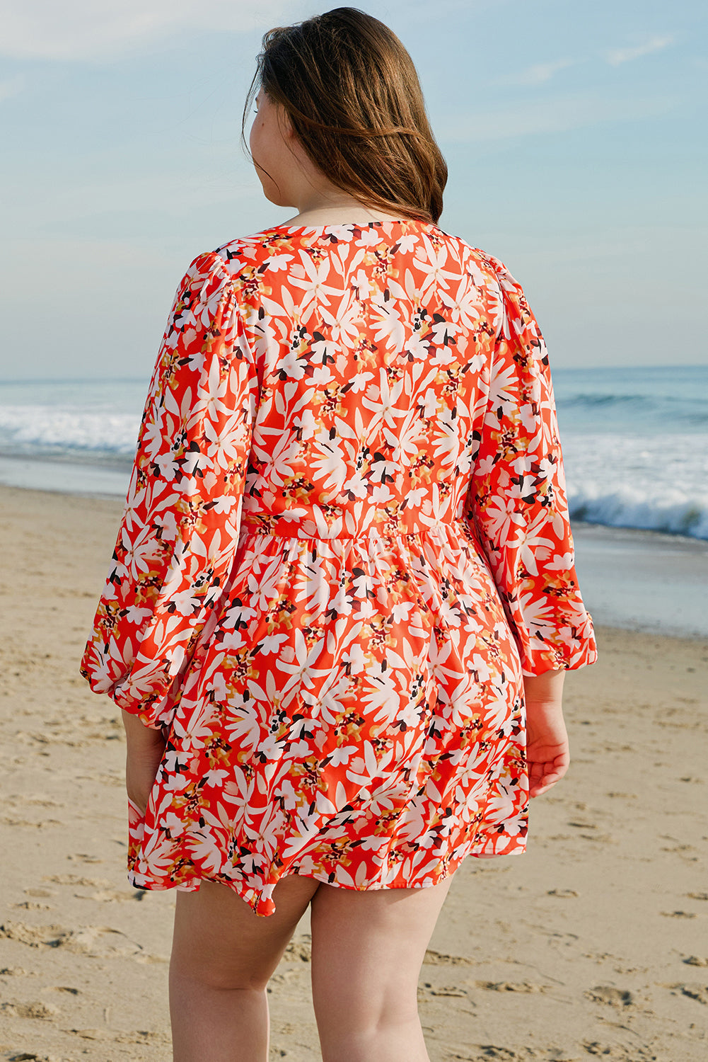 Blue Zone Planet | Orange Floral Print Split V Neck Bubble Sleeve Plus Size Midi Dress-TOPS / DRESSES-[Adult]-[Female]-2022 Online Blue Zone Planet