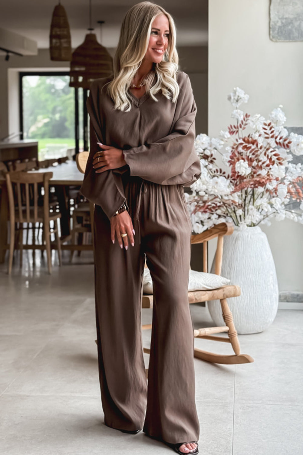 Dark Brown Braided V Neck Long Sleeve Loose Top and Drawstring High Waist Pants 2pcs Outfit-Two Piece Sets/Pant Sets-[Adult]-[Female]-2022 Online Blue Zone Planet