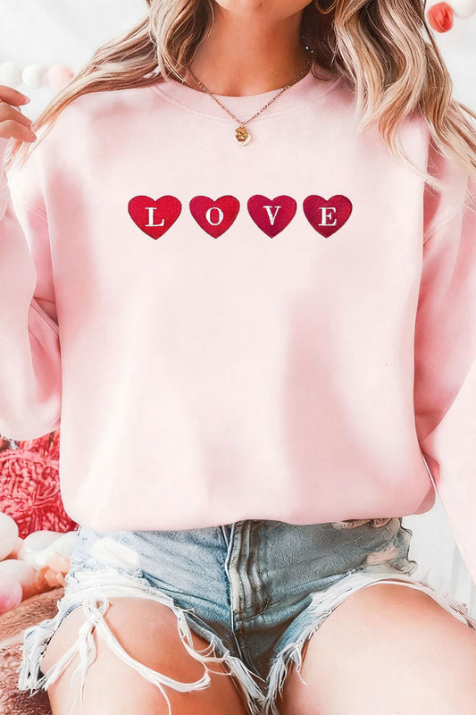 Pink LOVE In Hearts Embroidered Graphic Sweatshirt-Graphic Sweatshirts-[Adult]-[Female]-Pink-L-2022 Online Blue Zone Planet