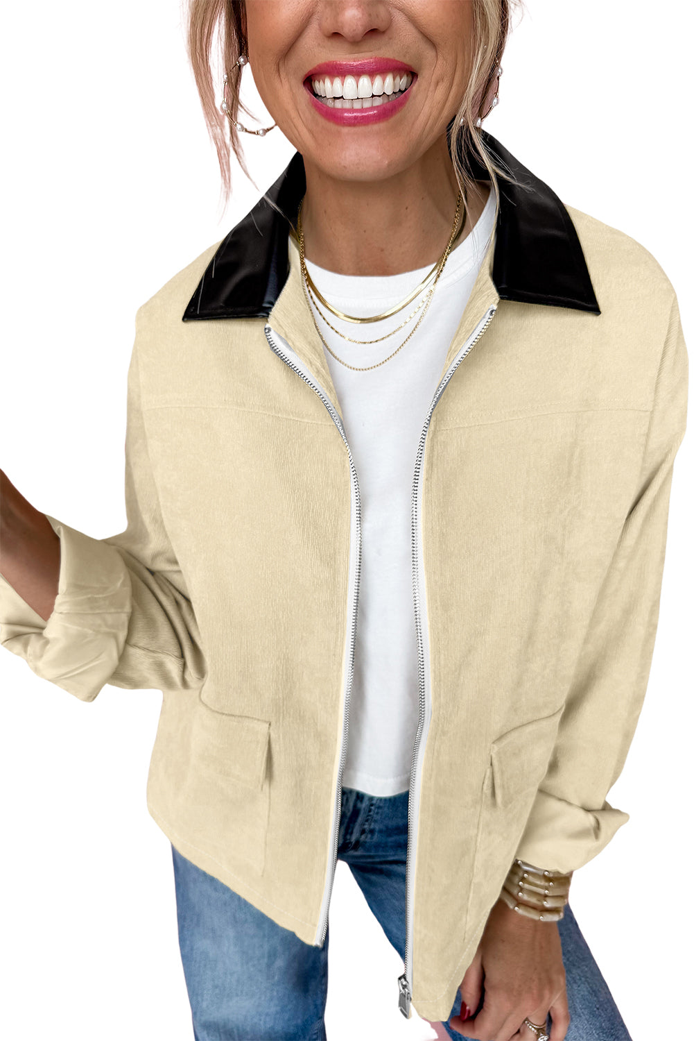 Parchment Contrast Leather Collar Textured Zip Up Jacket-Outerwear/Jackets-[Adult]-[Female]-2022 Online Blue Zone Planet