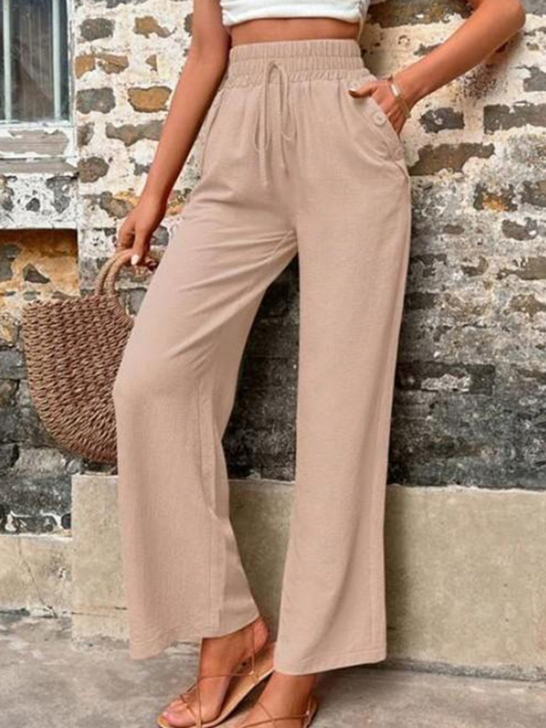 Tied High Waist Wide Leg Pants with Pockets-TOPS / DRESSES-[Adult]-[Female]-Khaki-S-2022 Online Blue Zone Planet