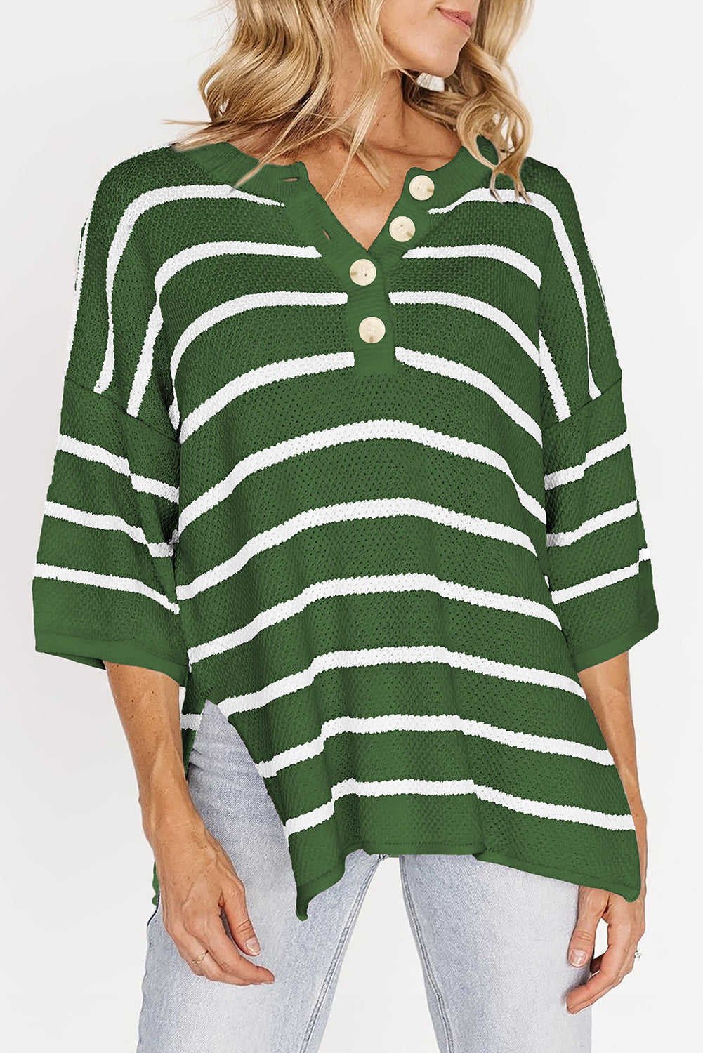 Green Stripe Henley Buttoned Placket Drop Shoulder Bracelet Sleeve Knit Sweater Tee-Sweaters & Cardigans/Short Sleeve Sweaters-[Adult]-[Female]-Green Stripe-S-2022 Online Blue Zone Planet