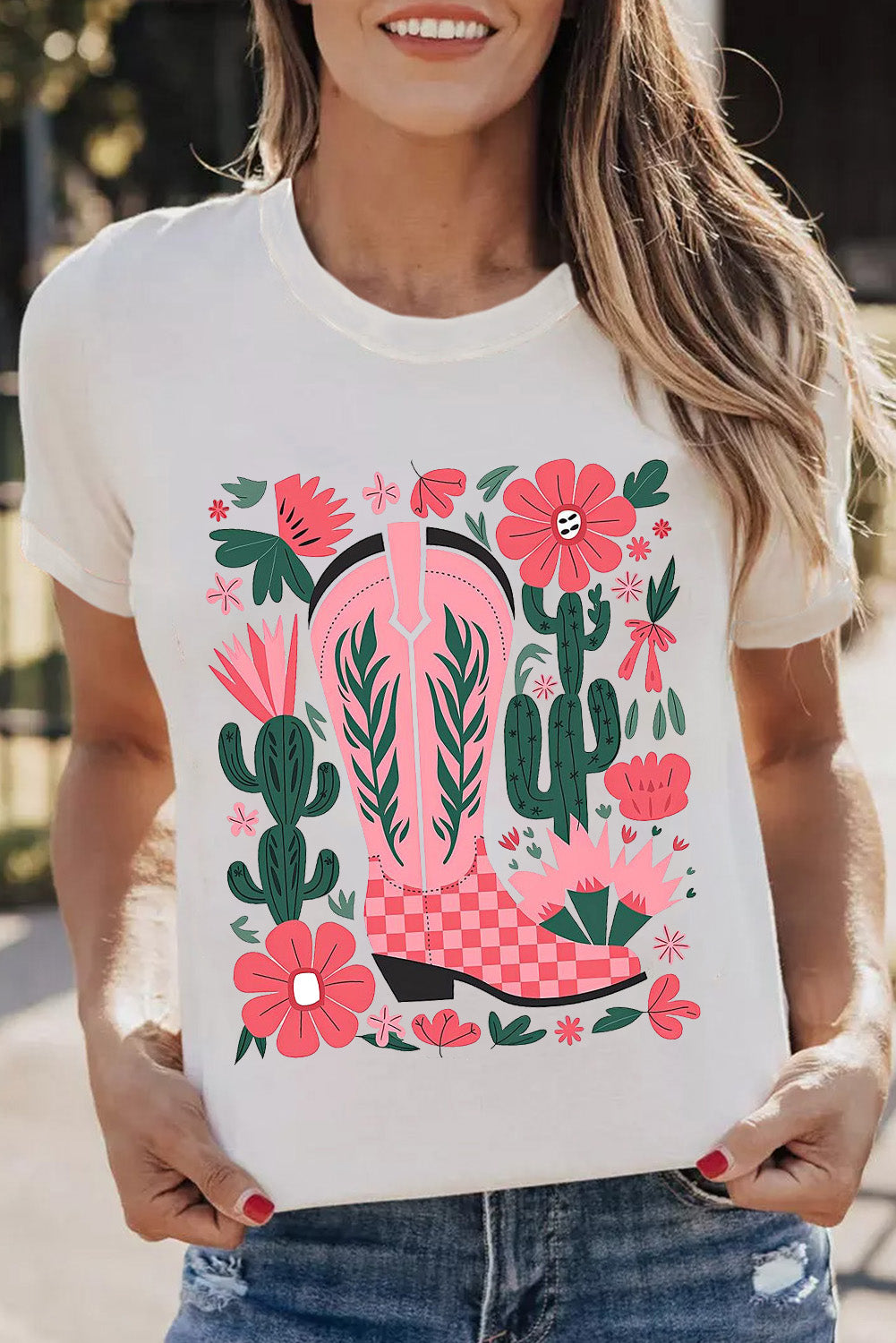 White Western Boots Flower Print Round Neck T Shirt-Graphic/Graphic Tees-[Adult]-[Female]-White-S-2022 Online Blue Zone Planet