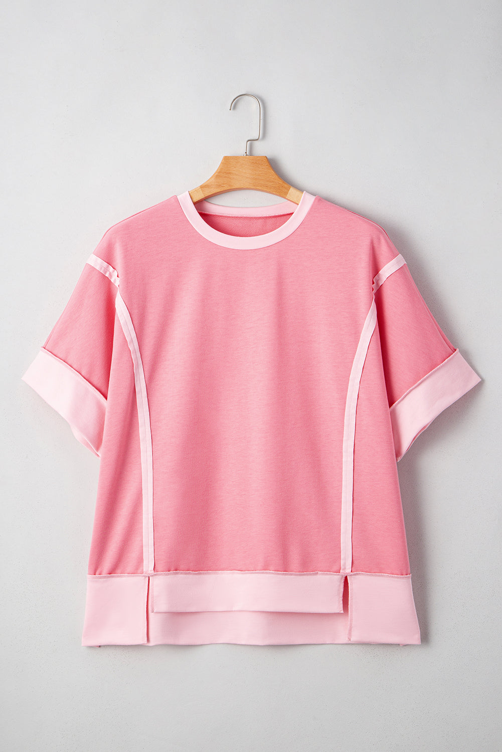 Peach Blossom Two Tones Patchwork Half Sleeve Plus Size T Shirt-Plus Size/Plus Size Tops/Plus Size Tops & Tees-[Adult]-[Female]-2022 Online Blue Zone Planet