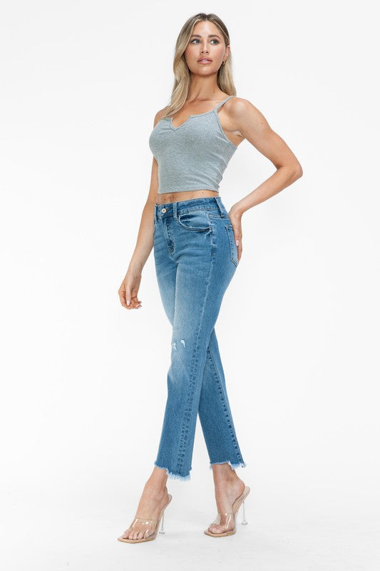 Blue Zone Planet | bytos Raw Hem Distressed Mid Rise Crop Jeans-BOTTOMS SIZES SMALL MEDIUM LARGE-[Adult]-[Female]-2022 Online Blue Zone Planet