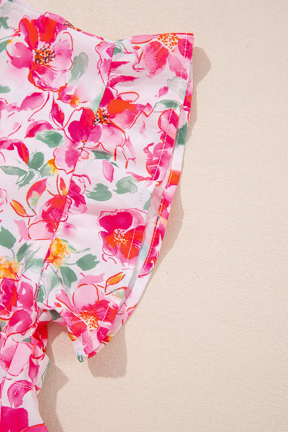 Pink Floral Boxy Fit Ruffled Short Sleeve V Neck Blouse-Tops/Blouses & Shirts-[Adult]-[Female]-2022 Online Blue Zone Planet