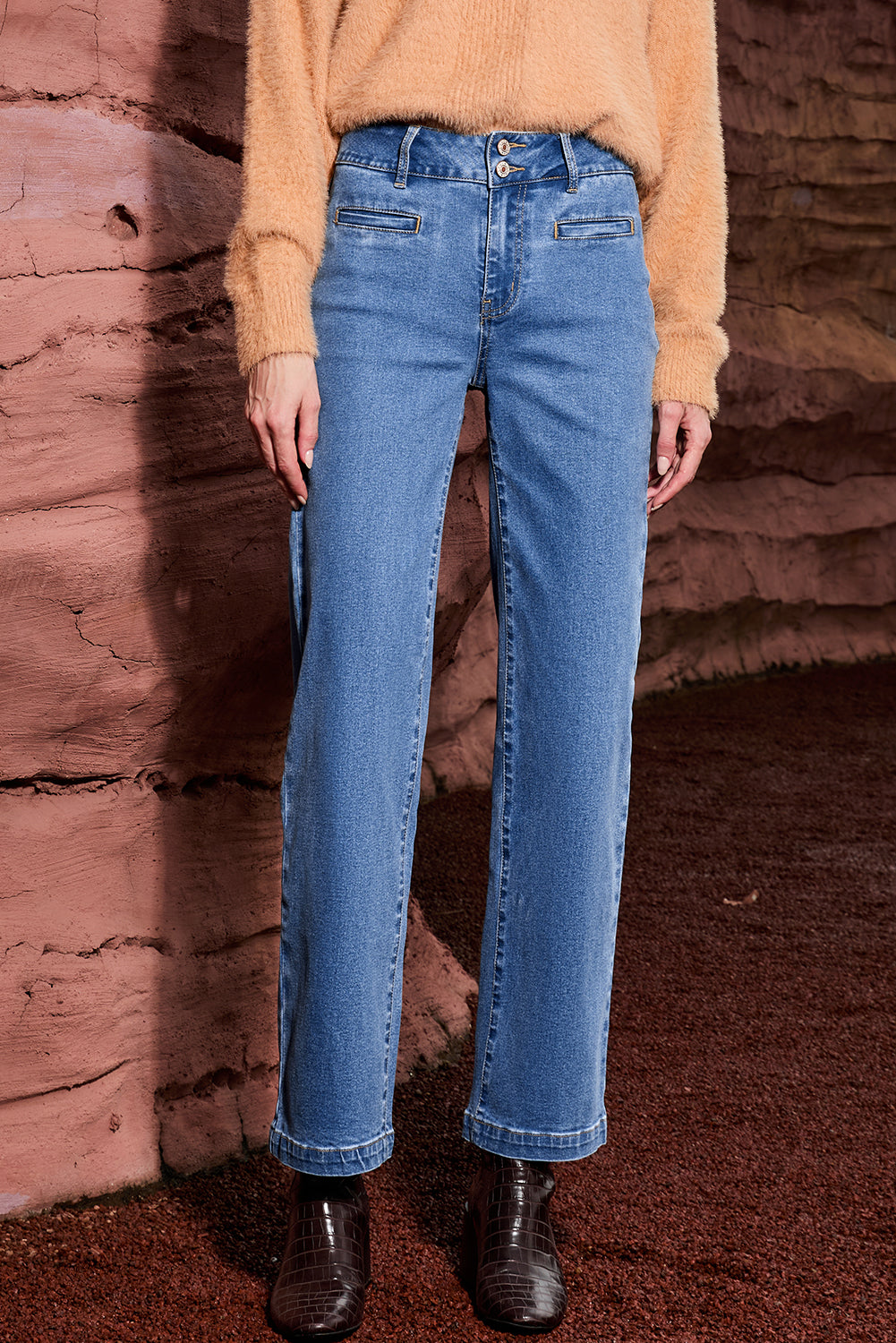 Light Blue Double Button High Rise Straight Leg Jeans-Bottoms/Jeans-[Adult]-[Female]-2022 Online Blue Zone Planet
