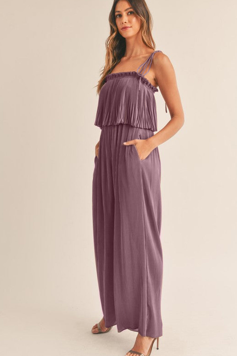 Rose Tan Solid Self Tied Straps Pleated Wide Leg Jumpsuit Blue Zone Planet
