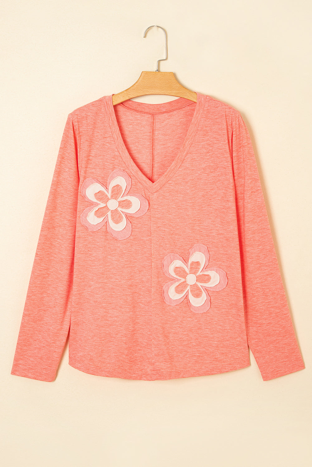 Fresh Salmon Floral Patchwork V Neck Long Sleeve T Shirt-Tops/Long Sleeve Tops-[Adult]-[Female]-2022 Online Blue Zone Planet