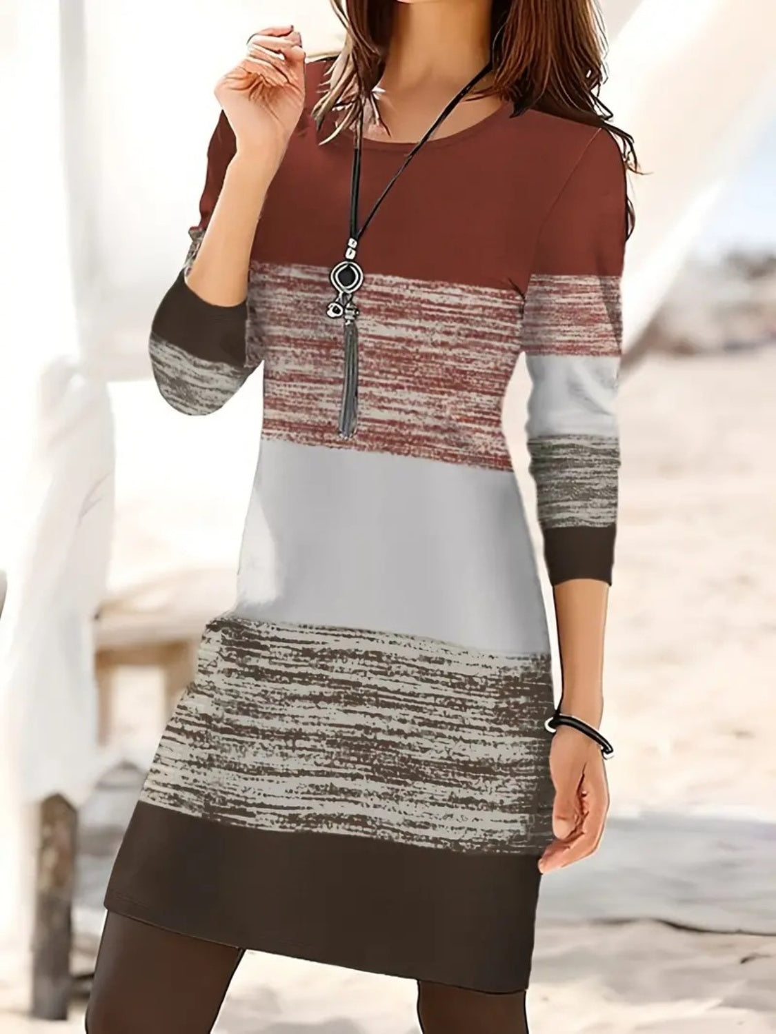 Color Block Round Neck Long Sleeve Dress-TOPS / DRESSES-[Adult]-[Female]-2022 Online Blue Zone Planet