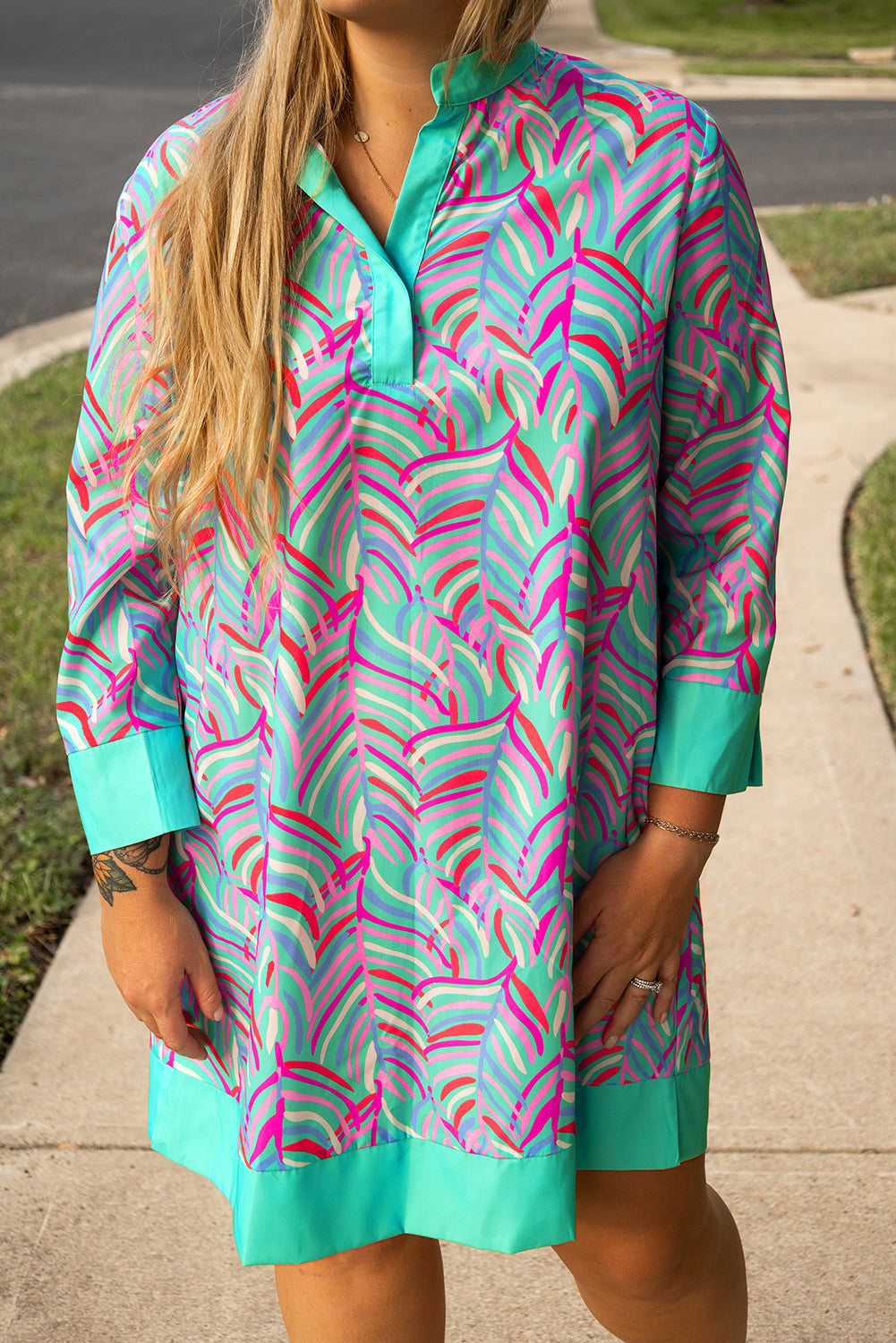 Blue Zone Planet | Green Plus Size Palm Pattern Long Sleeve Shift Dress-TOPS / DRESSES-[Adult]-[Female]-2022 Online Blue Zone Planet