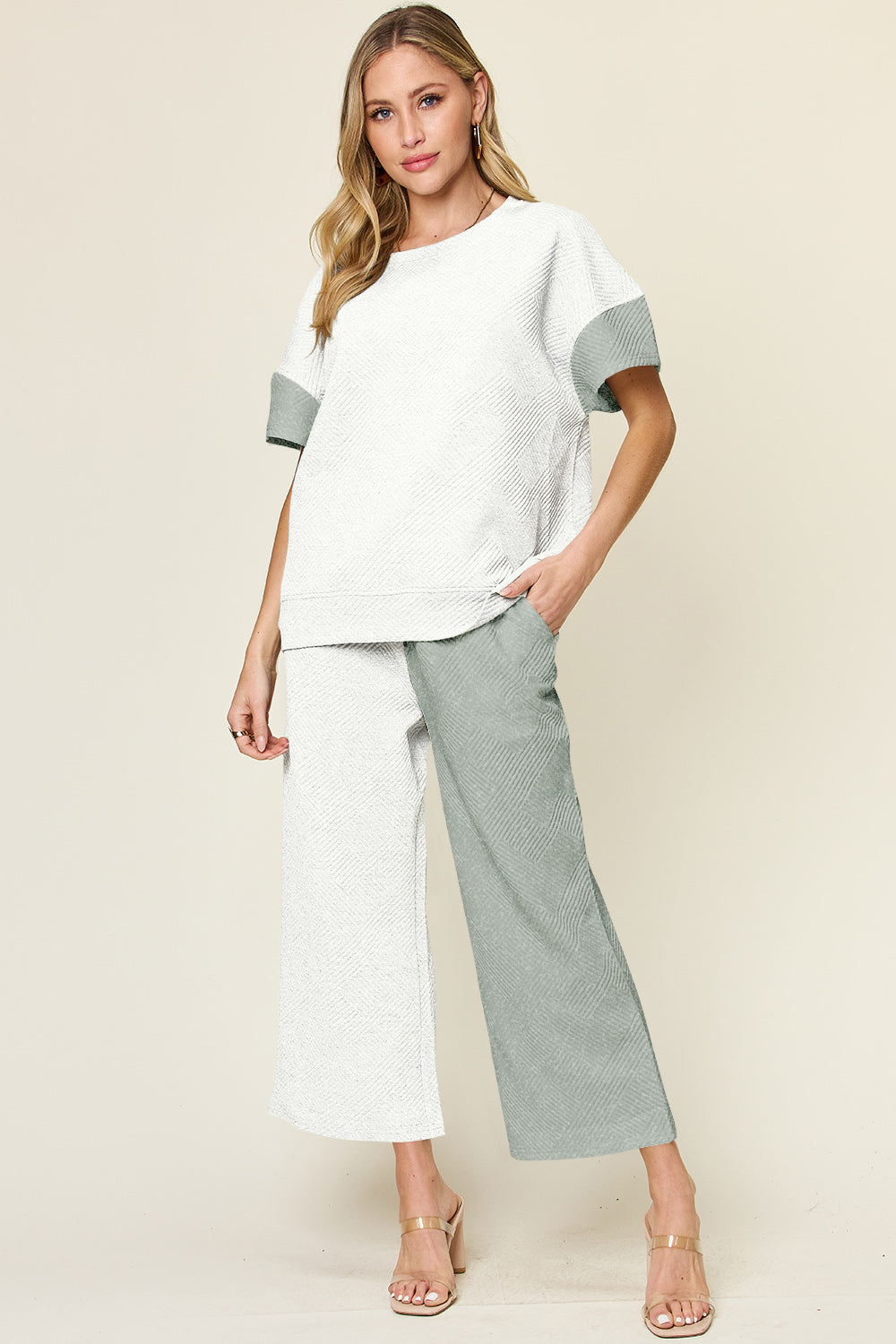 Blue Zone Planet | Double Take Full Size Texture Contrast T-Shirt and Wide Leg Pants Set-TOPS / DRESSES-[Adult]-[Female]-Gray-S-2022 Online Blue Zone Planet