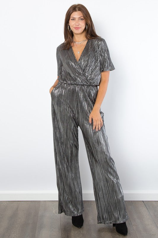 Be Stage Surplice Short Sleeve Pleated Foil Jumpsuit-TOPS / DRESSES-[Adult]-[Female]-Silver-S-2022 Online Blue Zone Planet