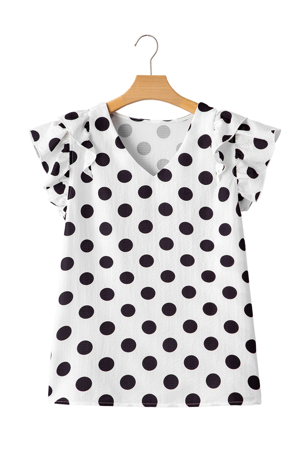 White Polka Dot Print Ruffled Sleeve V Neck Blouse-Tops/Blouses & Shirts-[Adult]-[Female]-2022 Online Blue Zone Planet