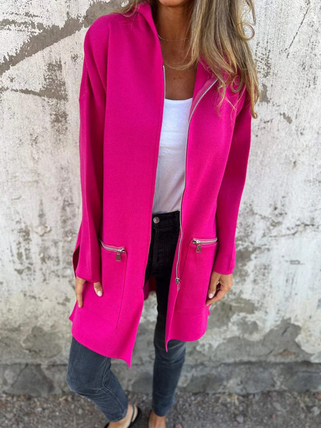 Full Size Zip Up Drop Shoulder Longline Hooded Jacket-TOPS / DRESSES-[Adult]-[Female]-Hot Pink-S-2022 Online Blue Zone Planet