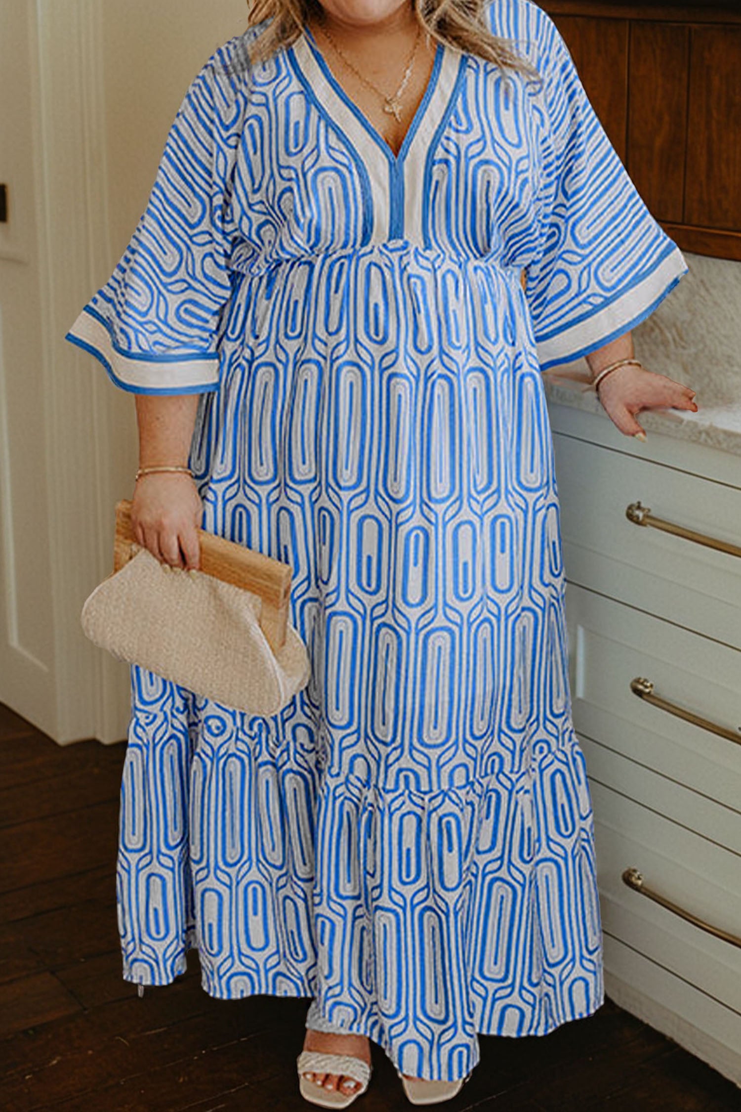 Sky Blue Plus Size Geometric Print Contrast Trim V Neck Bracelet Sleeve Long Dress-TOPS / DRESSES-[Adult]-[Female]-Sky Blue-1X-2022 Online Blue Zone Planet