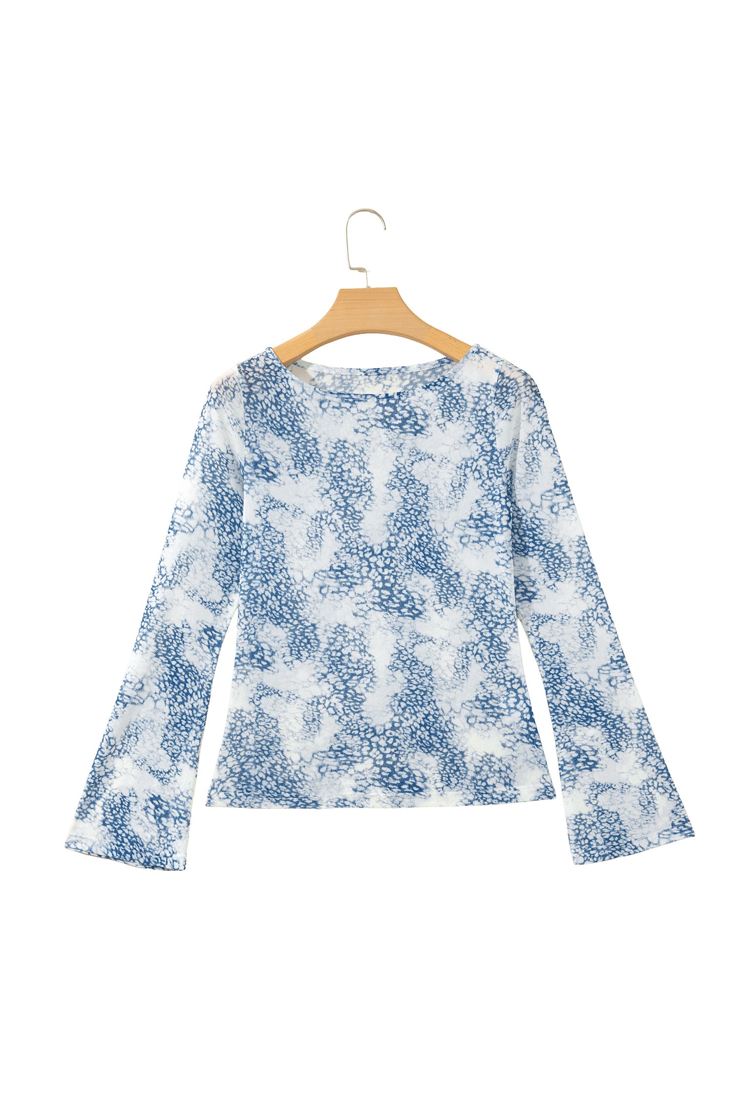 Sky Blue Long Sleeve Leopard Print Round Neck Sheath Top-Tops/Long Sleeve Tops-[Adult]-[Female]-2022 Online Blue Zone Planet