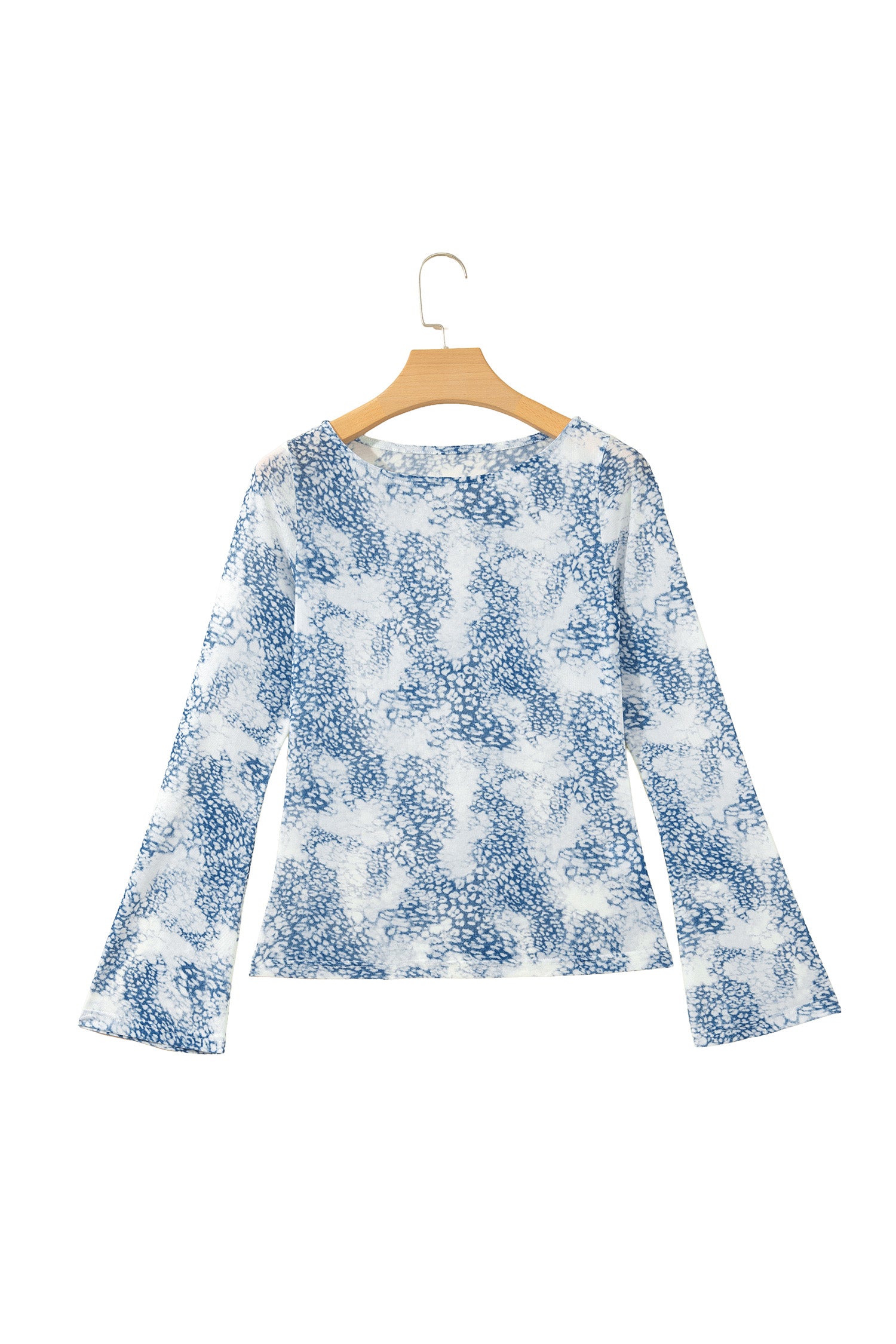 Sky Blue Long Sleeve Leopard Print Round Neck Sheath Top-Tops/Long Sleeve Tops-[Adult]-[Female]-2022 Online Blue Zone Planet