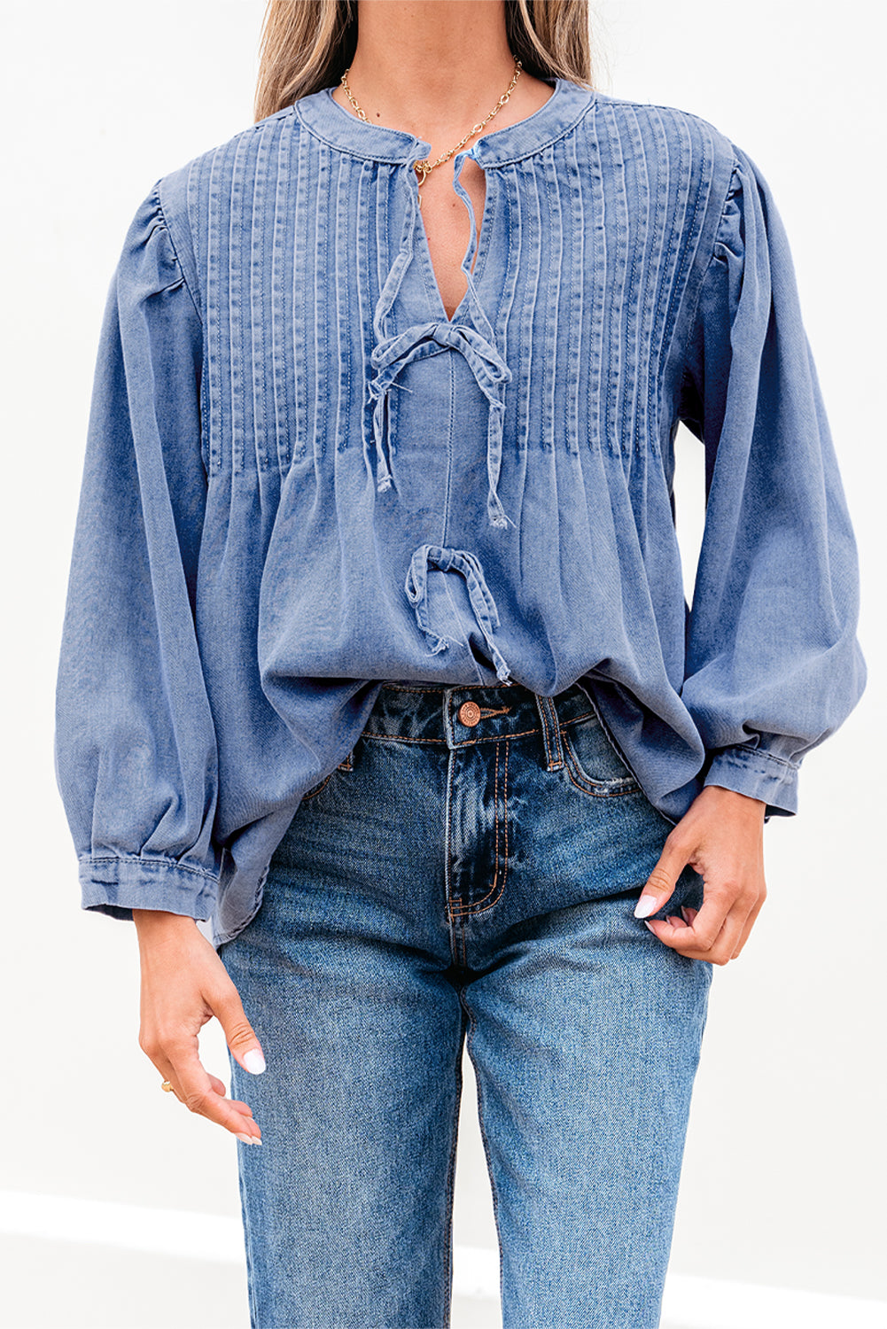 Blue Zone Planet | Myosotis Denim Front Pintuck Bow Tie Puff Sleeve Top-Tops/Blouses & Shirts-[Adult]-[Female]-2022 Online Blue Zone Planet