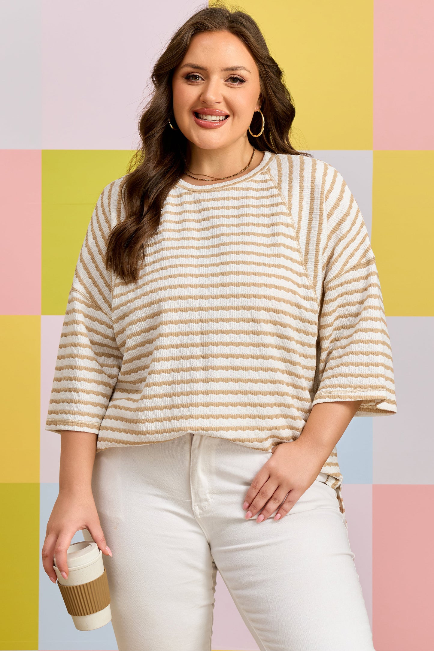 Apricot Stripe Plus Size Textured Patchwork Detail Half Sleeve Top-Plus Size/Plus Size Tops/Plus Size Tops & Tees-[Adult]-[Female]-2022 Online Blue Zone Planet
