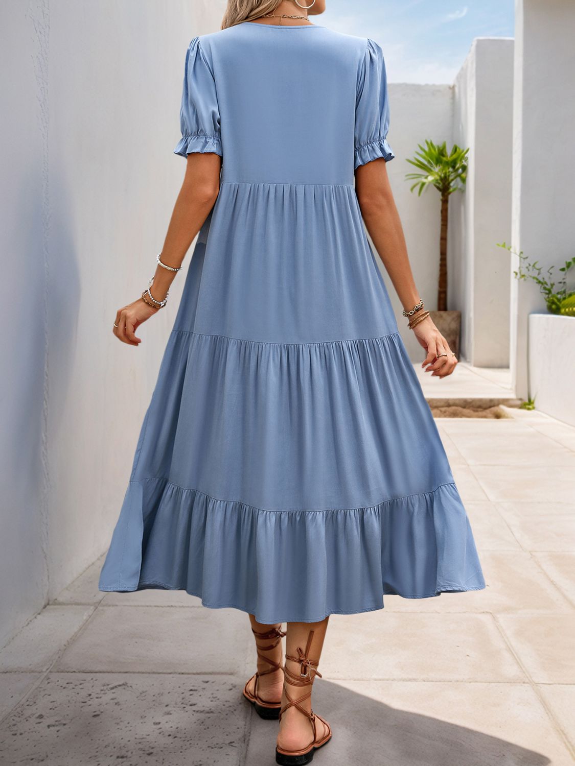 Perfee Decorative Button Notched Short Sleeve Midi Dress-TOPS / DRESSES-[Adult]-[Female]-2022 Online Blue Zone Planet