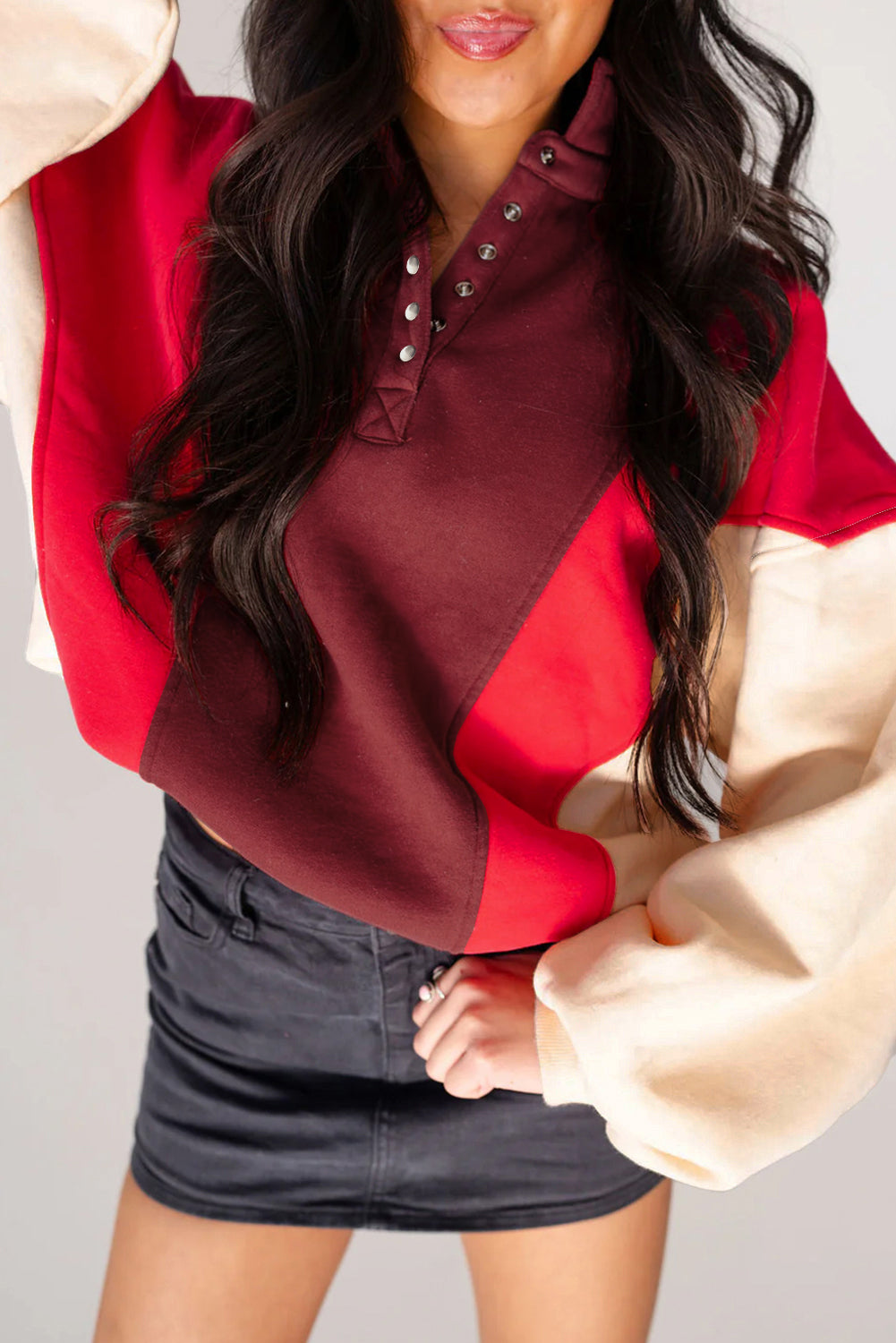 Fiery Red Color Block Patchwork Snap Button Oversize Hoodie-Tops / Dresses-[Adult]-[Female]-2022 Online Blue Zone Planet
