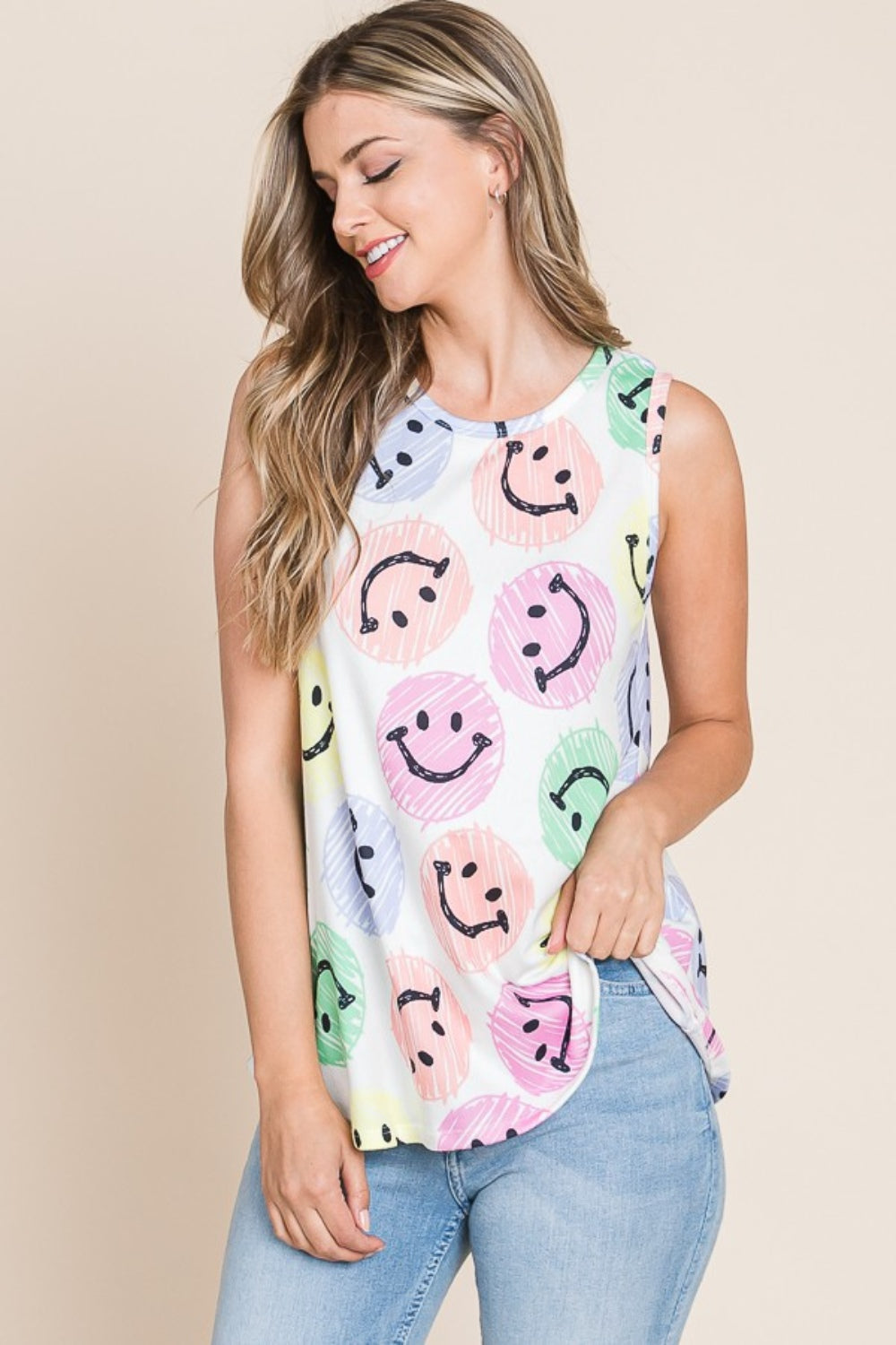 BOMBOM Smiley Face Round Neck Tank-TOPS / DRESSES-[Adult]-[Female]-2022 Online Blue Zone Planet