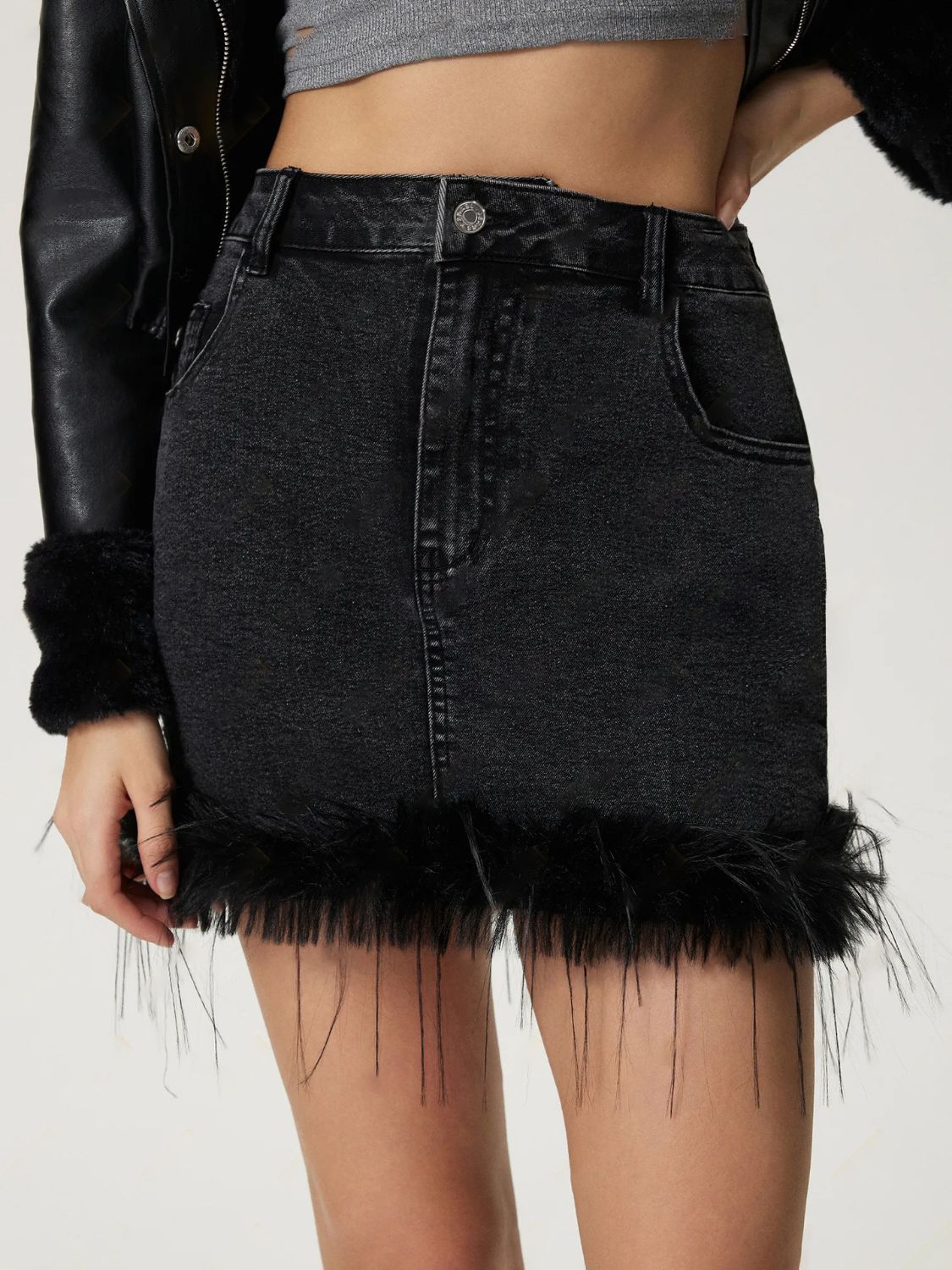 Plush Hem Mini Denim Skirt-BOTTOMS SIZES SMALL MEDIUM LARGE-[Adult]-[Female]-Black-XS-2022 Online Blue Zone Planet