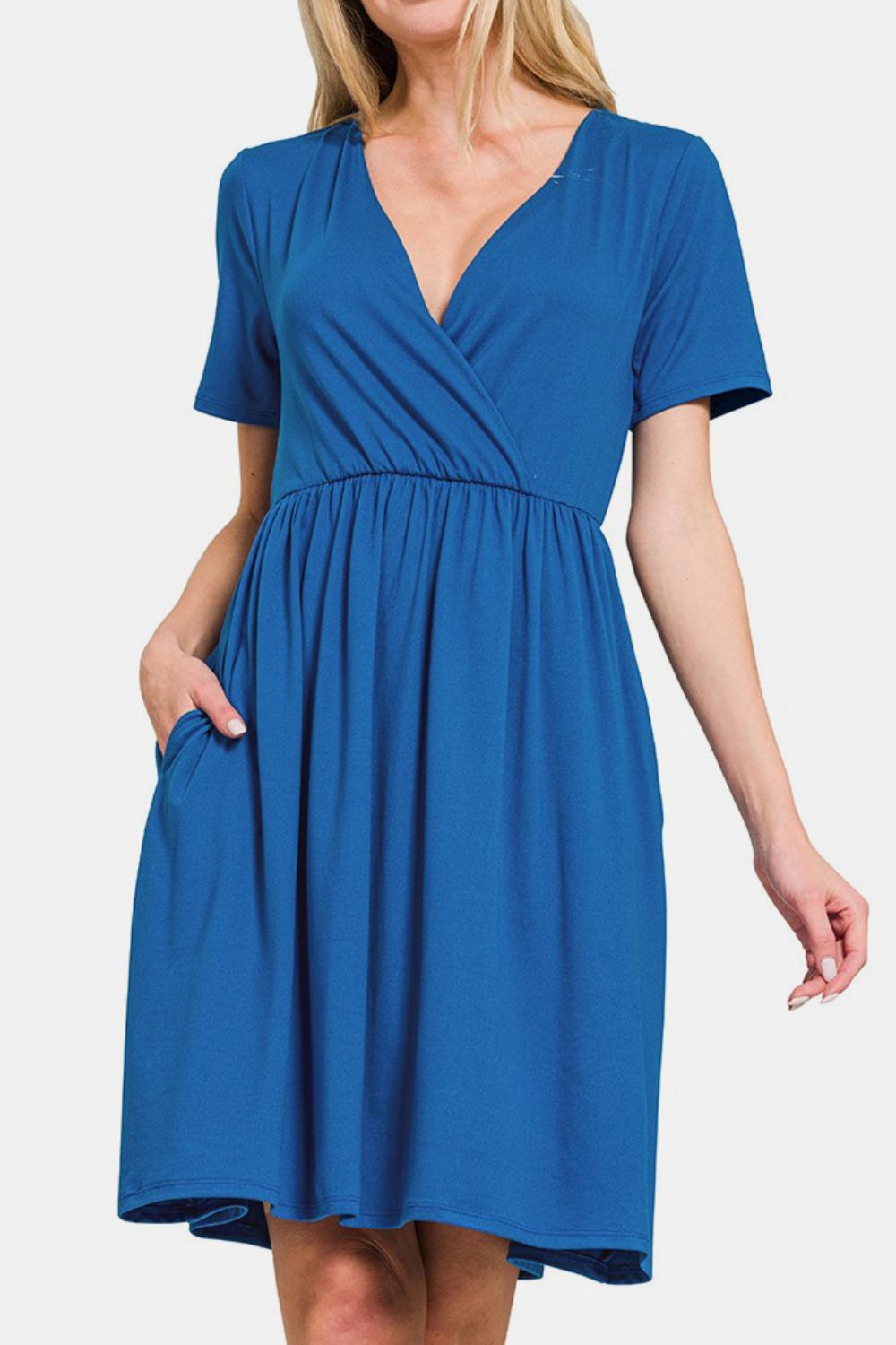 Zenana Surplice Short Sleeve Brushed DTY Dress-TOPS / DRESSES-[Adult]-[Female]-2022 Online Blue Zone Planet