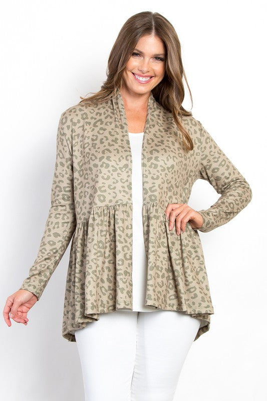 Be Stage Full Size Peplum Leopard Open Front Long Sleeve Cardigan-TOPS / DRESSES-[Adult]-[Female]-Sage-S-2022 Online Blue Zone Planet