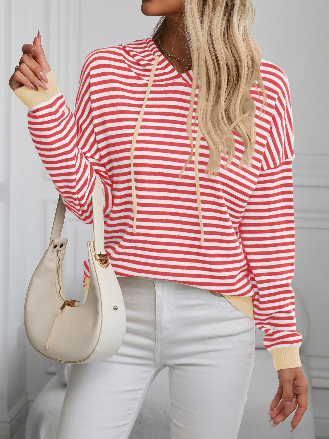 Blue Zone Planet | Mandy Striped Long Sleeve Hooded Knit Top-TOPS / DRESSES-[Adult]-[Female]-Coral-S-2022 Online Blue Zone Planet