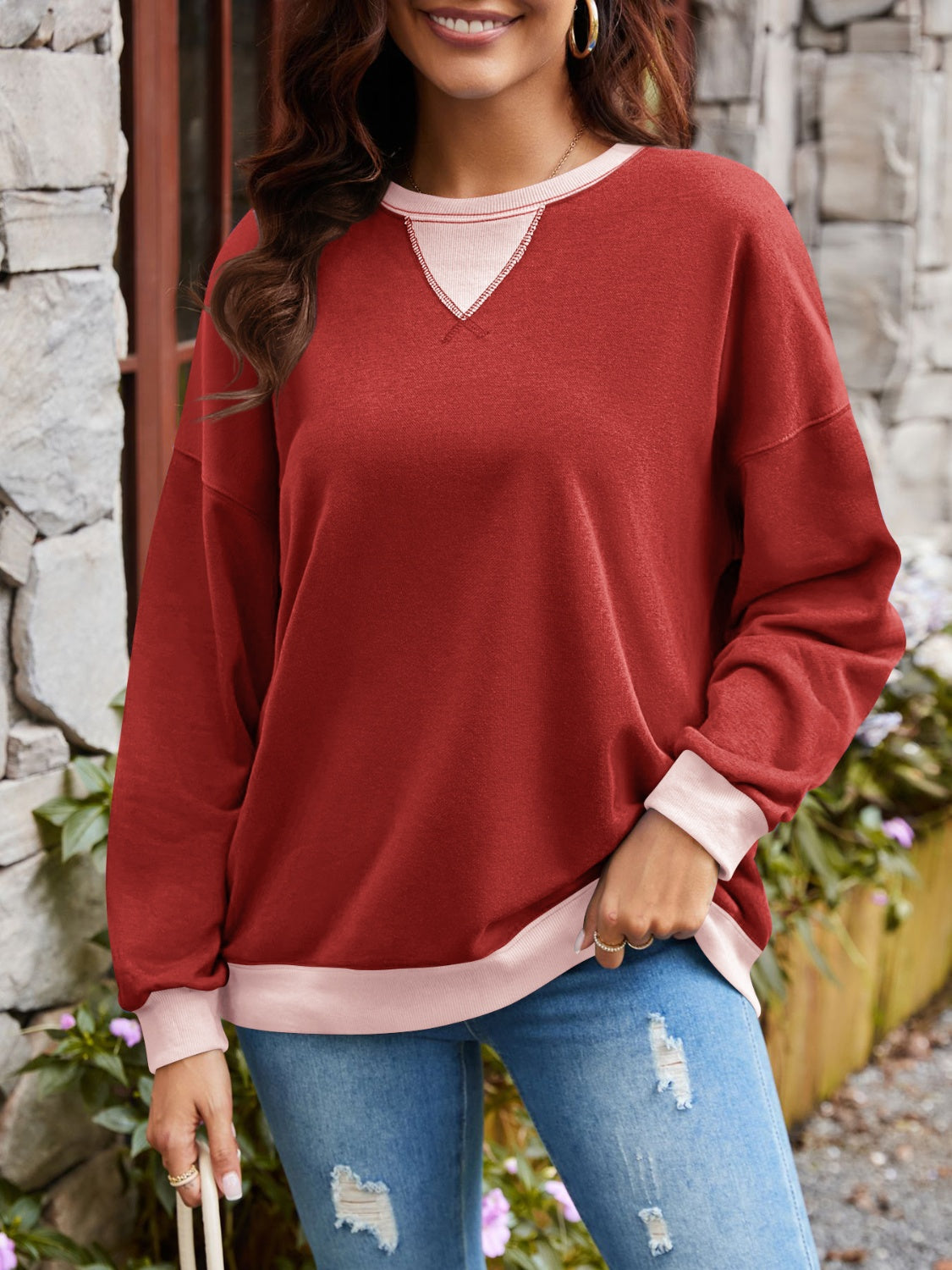 Blue Zone Planet | Lovelet Contrast Round Neck Long Sleeve Sweatshirt-TOPS / DRESSES-[Adult]-[Female]-Burgundy-S-2022 Online Blue Zone Planet