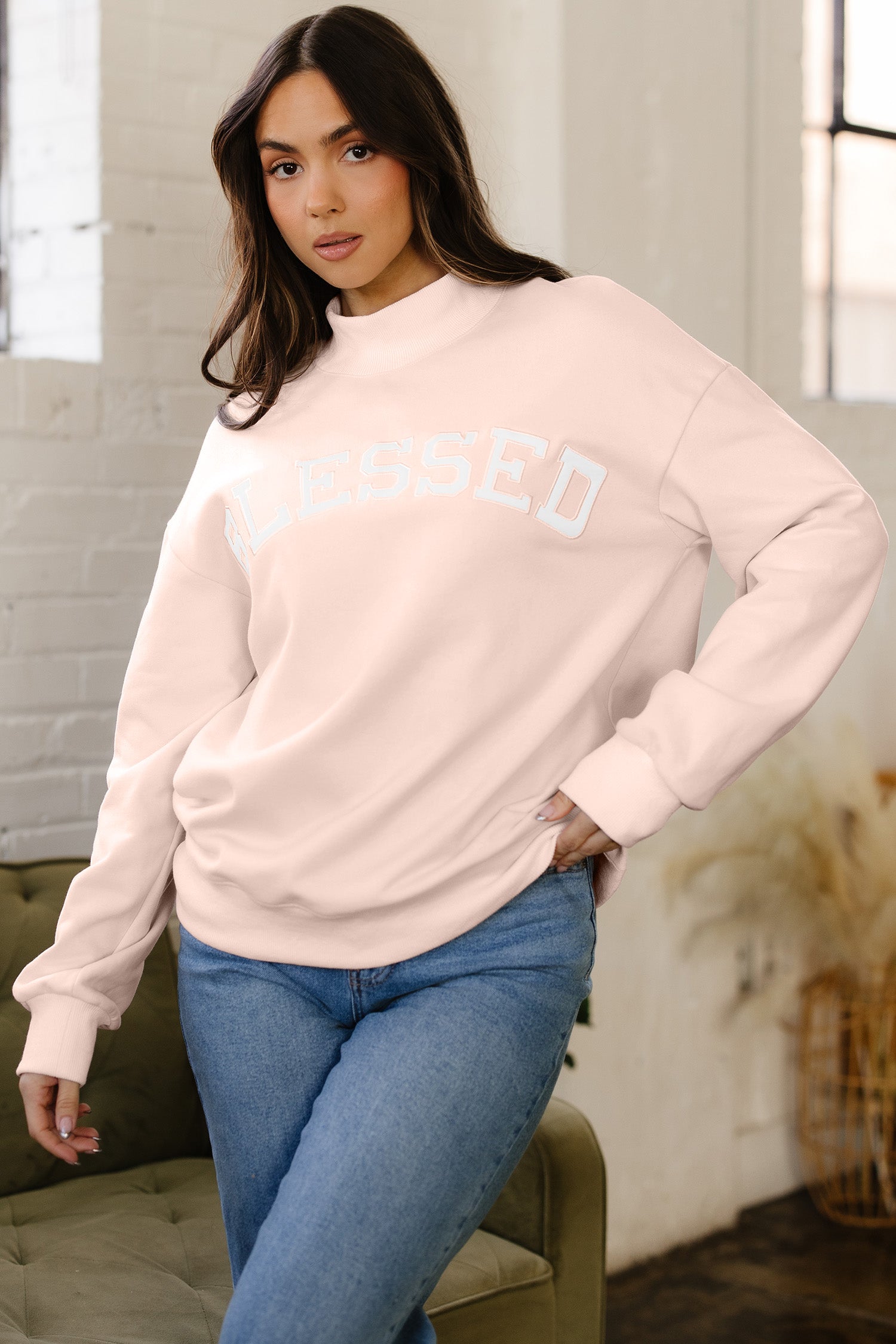 Light Pink Oversize Blessed Embroidered Mock Neck Sweatshirt-Tops/Sweatshirts & Hoodies-[Adult]-[Female]-2022 Online Blue Zone Planet