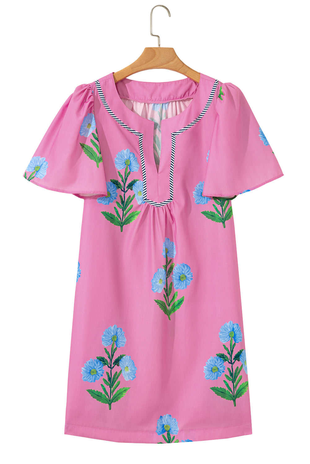 Rose Floral Short Sleeve Split Neck Loose Mini Dress-TOPS / DRESSES-[Adult]-[Female]-2022 Online Blue Zone Planet