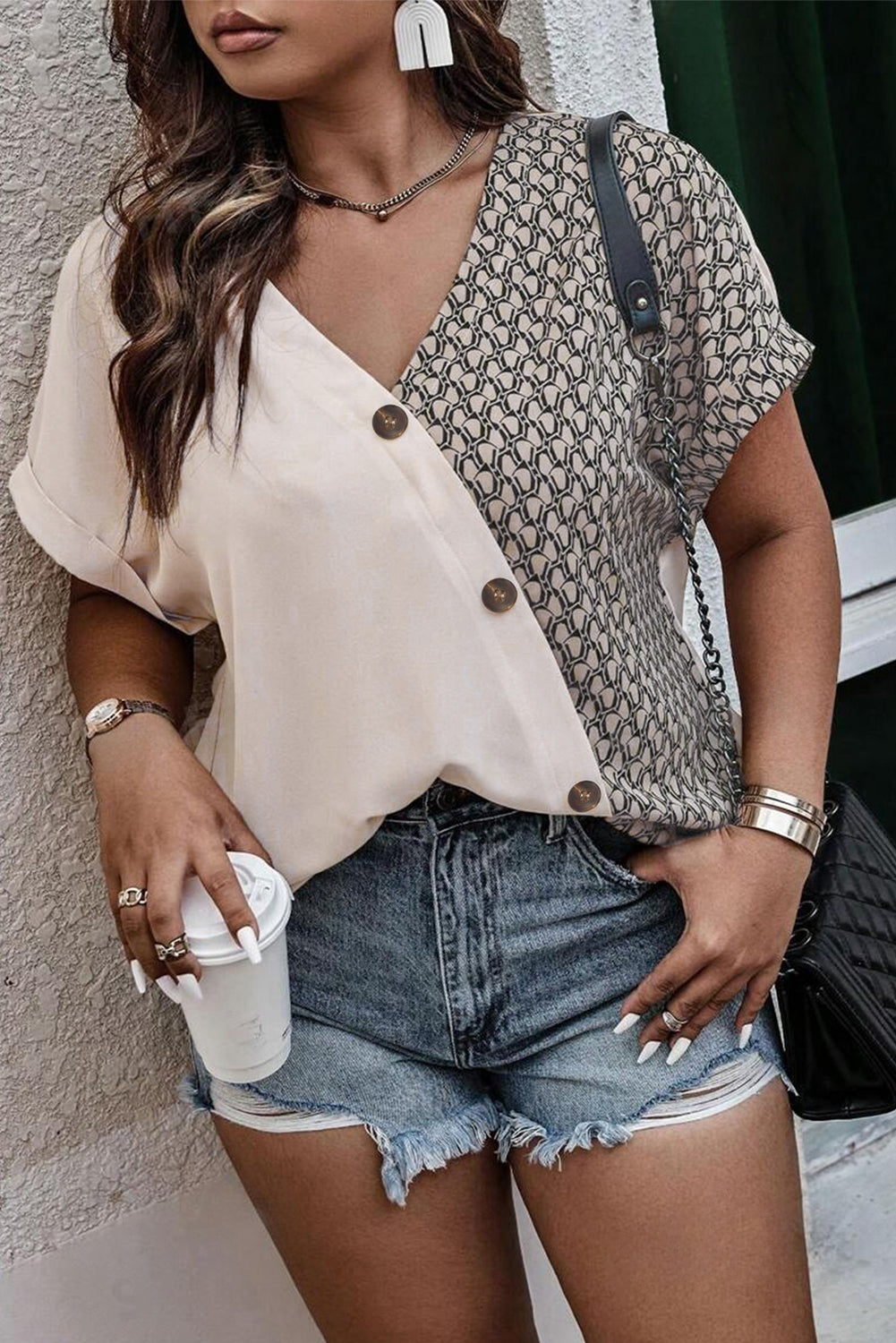 Oatmeal Contrast Geometric Print Patchwork V Neck Short Sleeve Plus Size Top-Plus Size/Plus Size Tops/Plus Size Blouses & Shirts-[Adult]-[Female]-2022 Online Blue Zone Planet