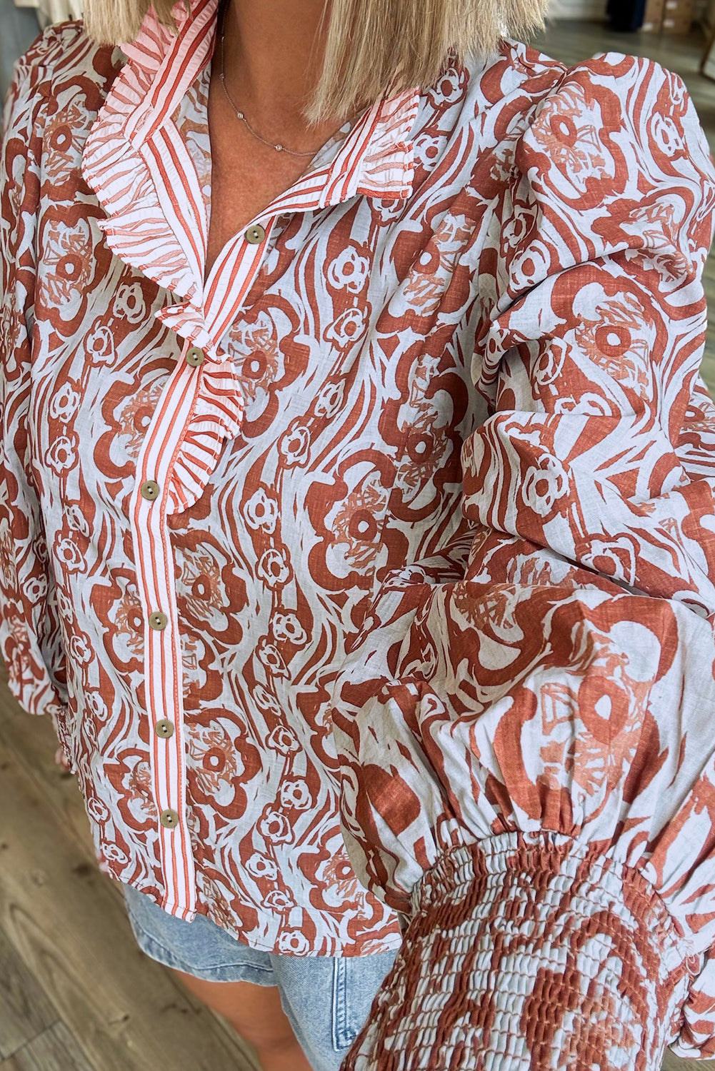 Floral Print Frilled Striped Trim Button Down Smocked Cuffs Long Sleeve Shirt-Tops/Blouses & Shirts-[Adult]-[Female]-2022 Online Blue Zone Planet