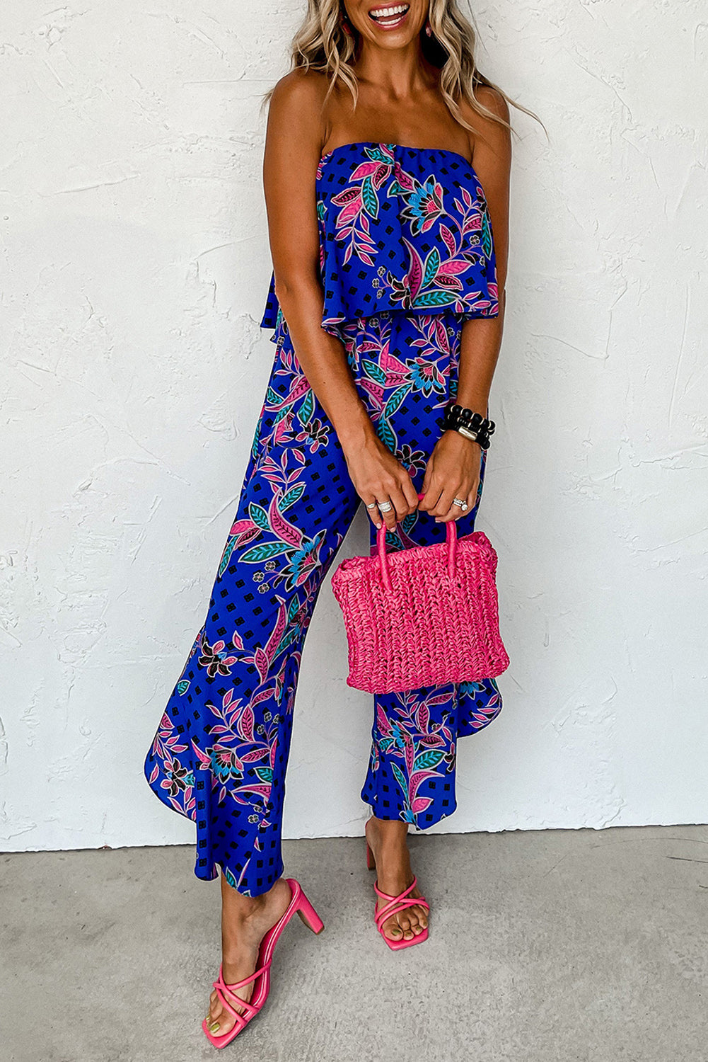 Blue Mix Tropical Print Strapless Ruffled Jumpsuit Blue Zone Planet