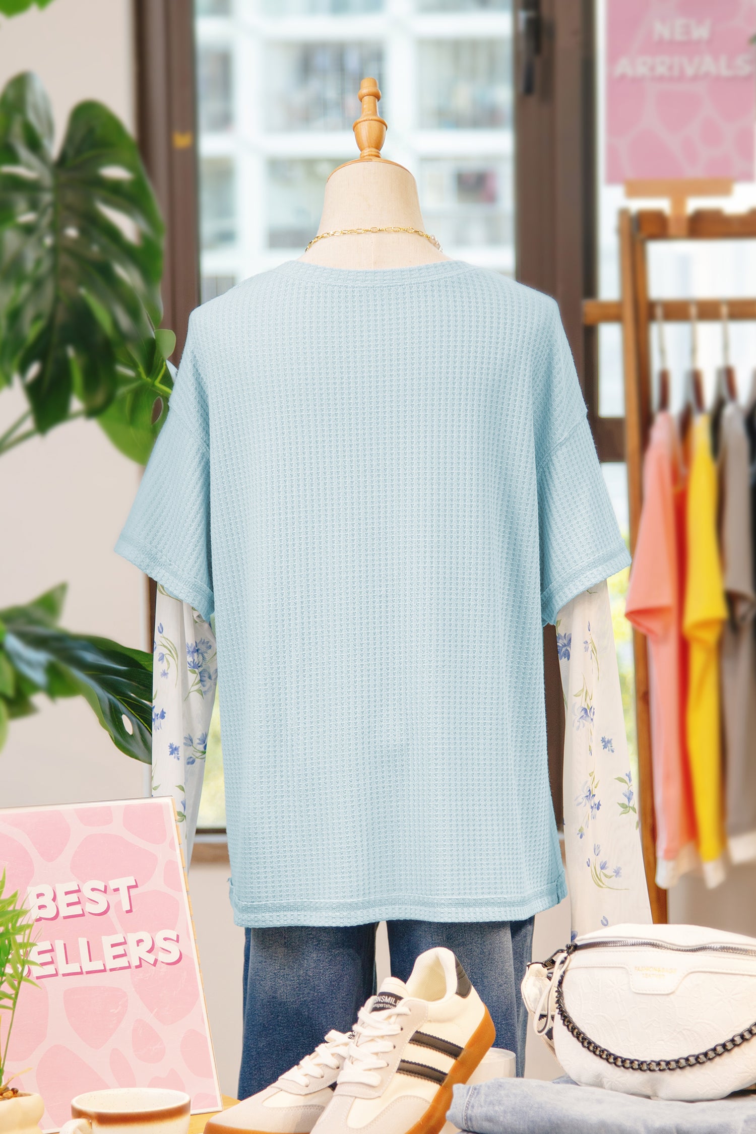 Beau Blue Floral Lace Sleeve Patchwork Waffle Fake Two-Piece Top-Tops/Long Sleeve Tops-[Adult]-[Female]-2022 Online Blue Zone Planet