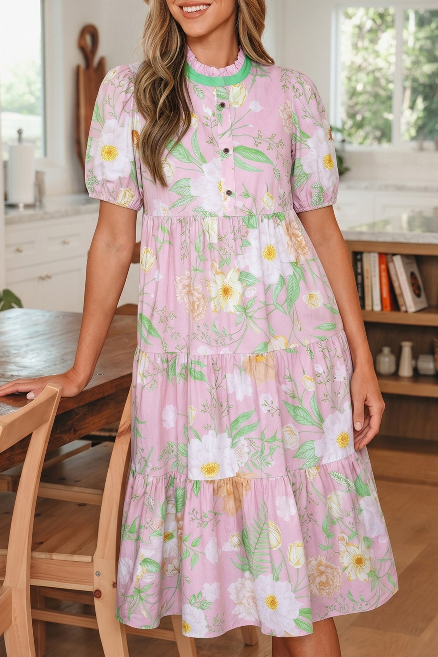 Pink Floral Print Short Puff Sleeve High Waist Tiered Maxi Dress-TOPS / DRESSES-[Adult]-[Female]-2022 Online Blue Zone Planet