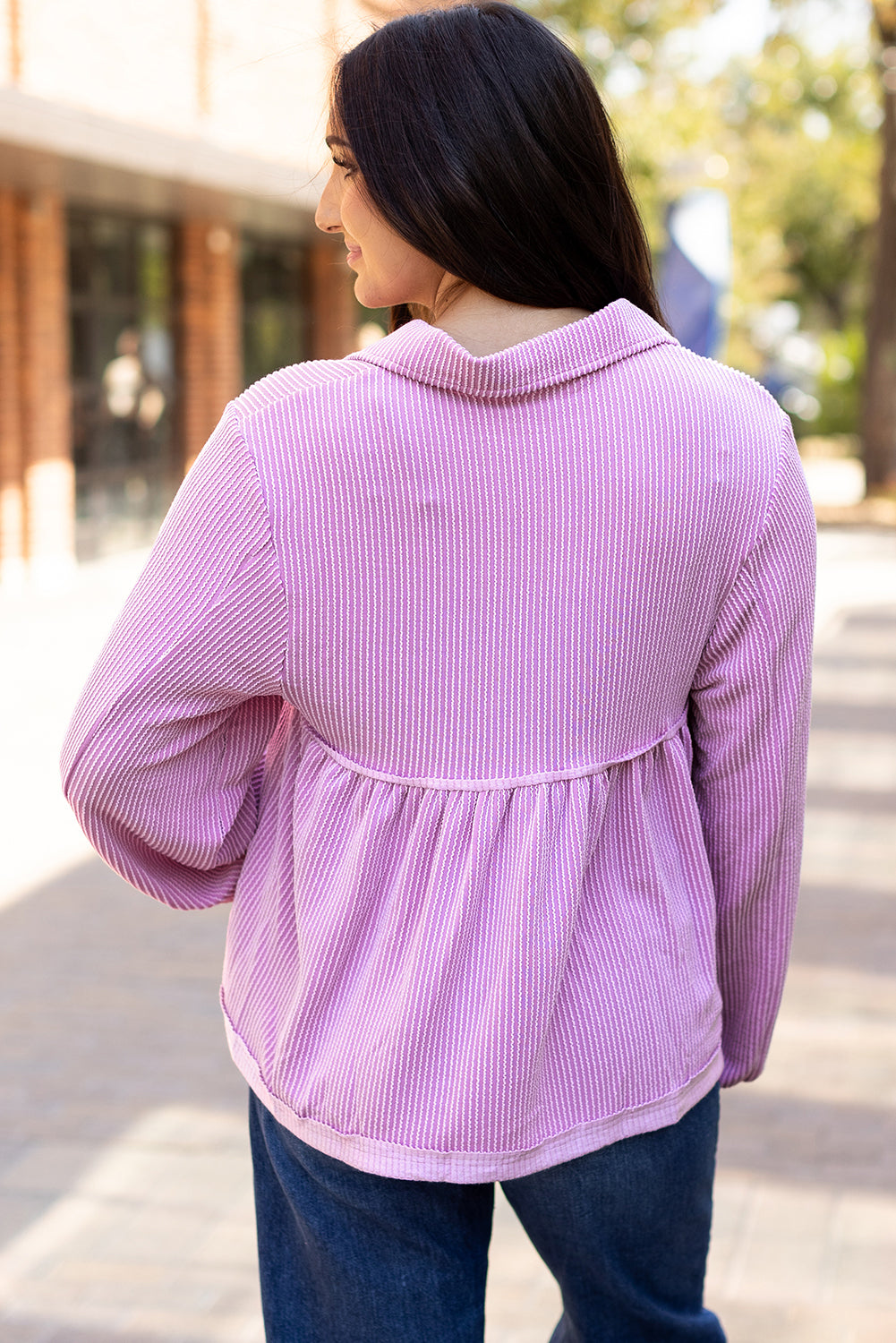 Bright Pink Corded Turn-down V Neck Bubble Sleeve Babydoll Blouse-Tops/Blouses & Shirts-[Adult]-[Female]-2022 Online Blue Zone Planet