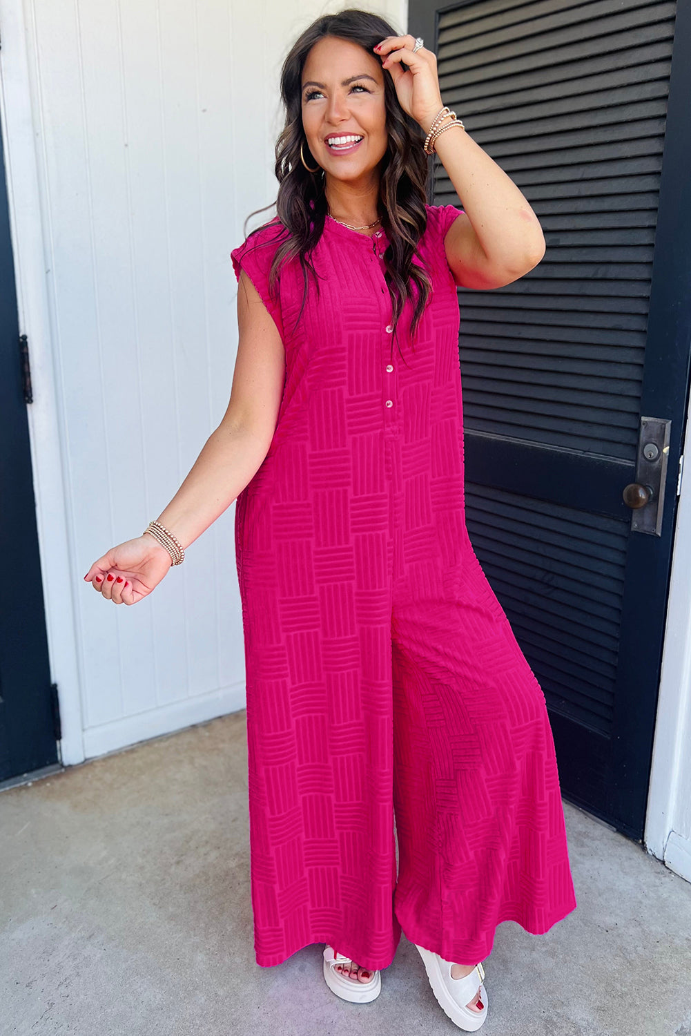 Blue Zone Planet |  Bright Pink Terry Textured Sleeveless Button Front Wide Leg Jumpsuit