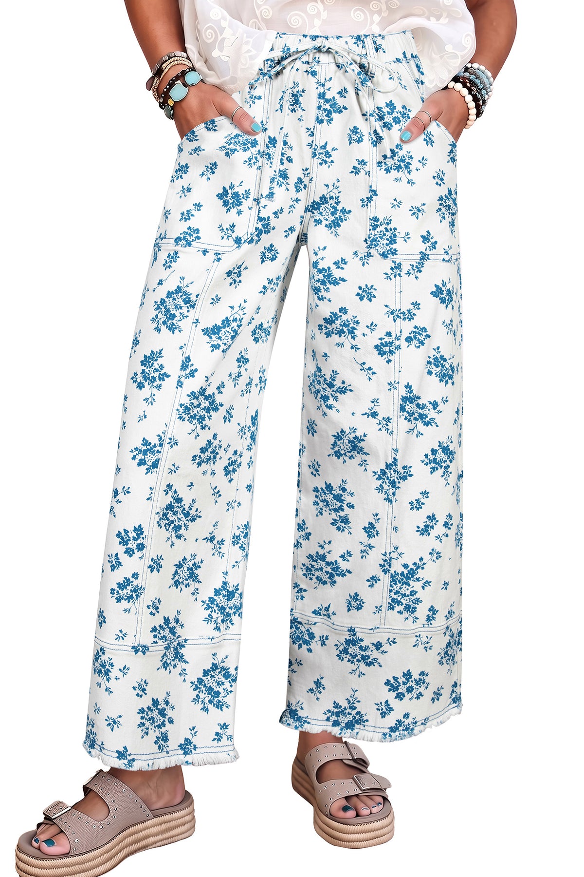 Sky Blue Floral Print Tie Waist Straight Leg Jeans-Bottoms/Jeans-[Adult]-[Female]-2022 Online Blue Zone Planet
