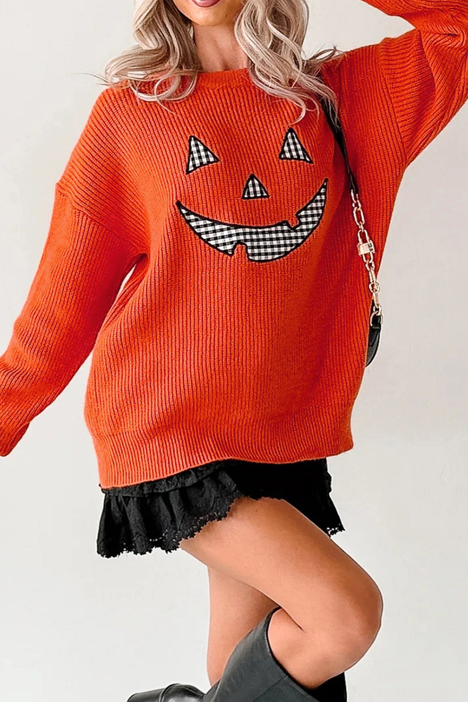 Orange Drop Shoulder Long Sleeve Round Neck Halloween Sweater-Sweaters & Cardigans/Sweaters-[Adult]-[Female]-2022 Online Blue Zone Planet