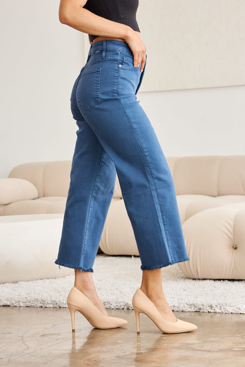 RFM Crop Chloe Full Size Tummy Control High Waist Raw Hem Jeans-BOTTOM SIZES SMALL MEDIUM LARGE-[Adult]-[Female]-2022 Online Blue Zone Planet