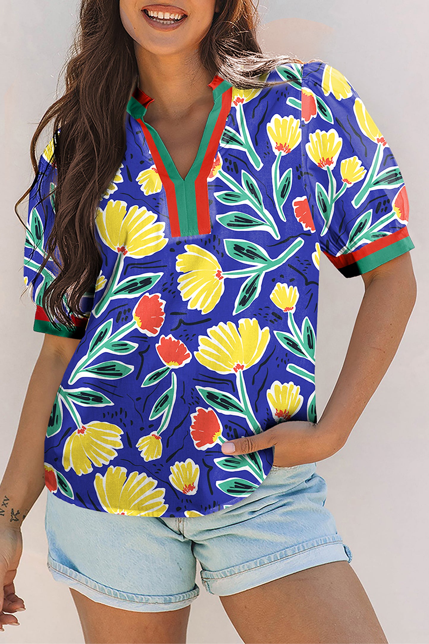 Blue Wild Floral Printed Contrast Striped Patchwork V Neck Short Sleeve Blouse-Tops/Blouses & Shirts-[Adult]-[Female]-Blue-S-2022 Online Blue Zone Planet