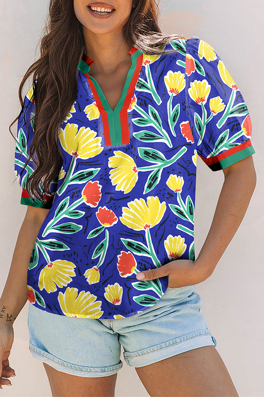 Blue Wild Floral Printed Contrast Striped Patchwork V Neck Short Sleeve Blouse-Tops/Blouses & Shirts-[Adult]-[Female]-Blue-S-2022 Online Blue Zone Planet