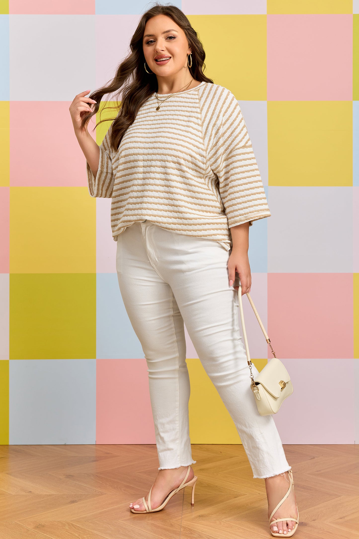 Apricot Stripe Plus Size Textured Patchwork Detail Half Sleeve Top-Plus Size/Plus Size Tops/Plus Size Tops & Tees-[Adult]-[Female]-2022 Online Blue Zone Planet